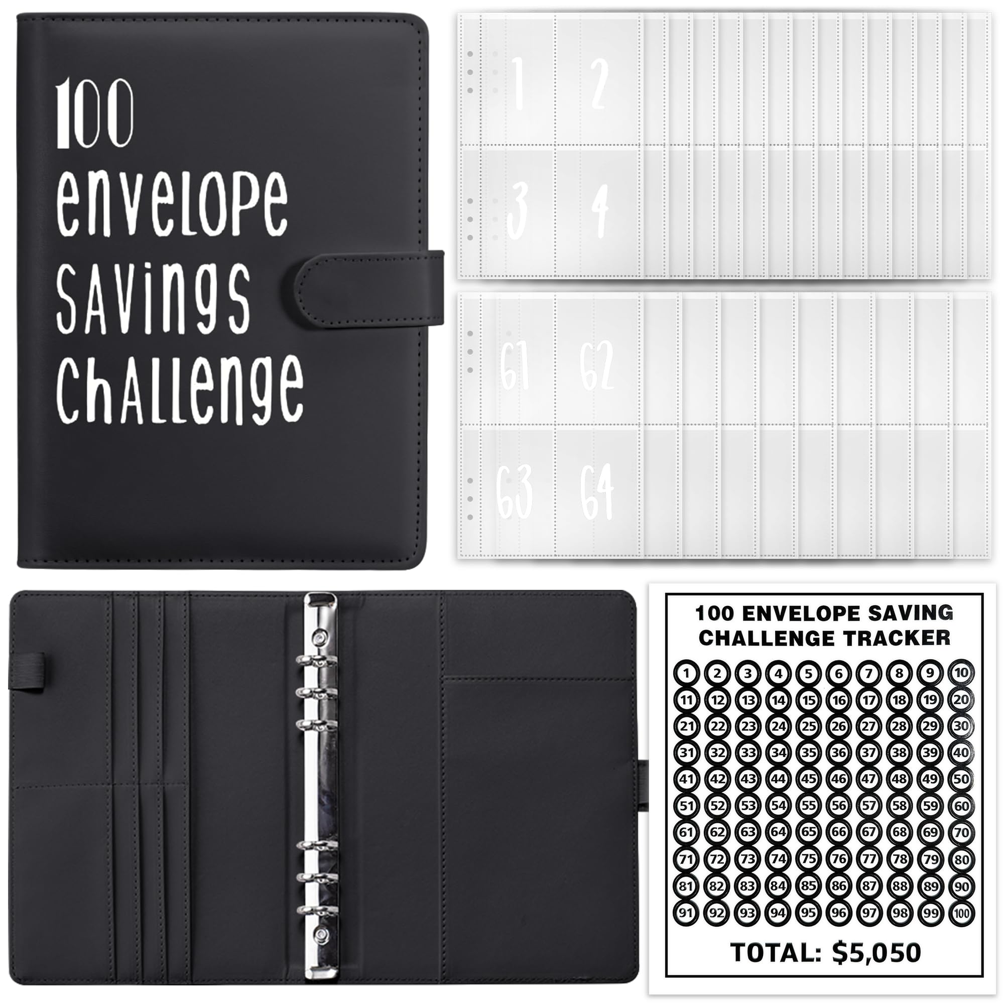 MATHARAGO 100 Envelope Savings Challenge Binder, Budget Planner with Cash Envelopes, A5 PU Leather Notebook 100 Day Money Saving Challenge Binder with 25 Four-cell Inner Cash Envelopes (Black)