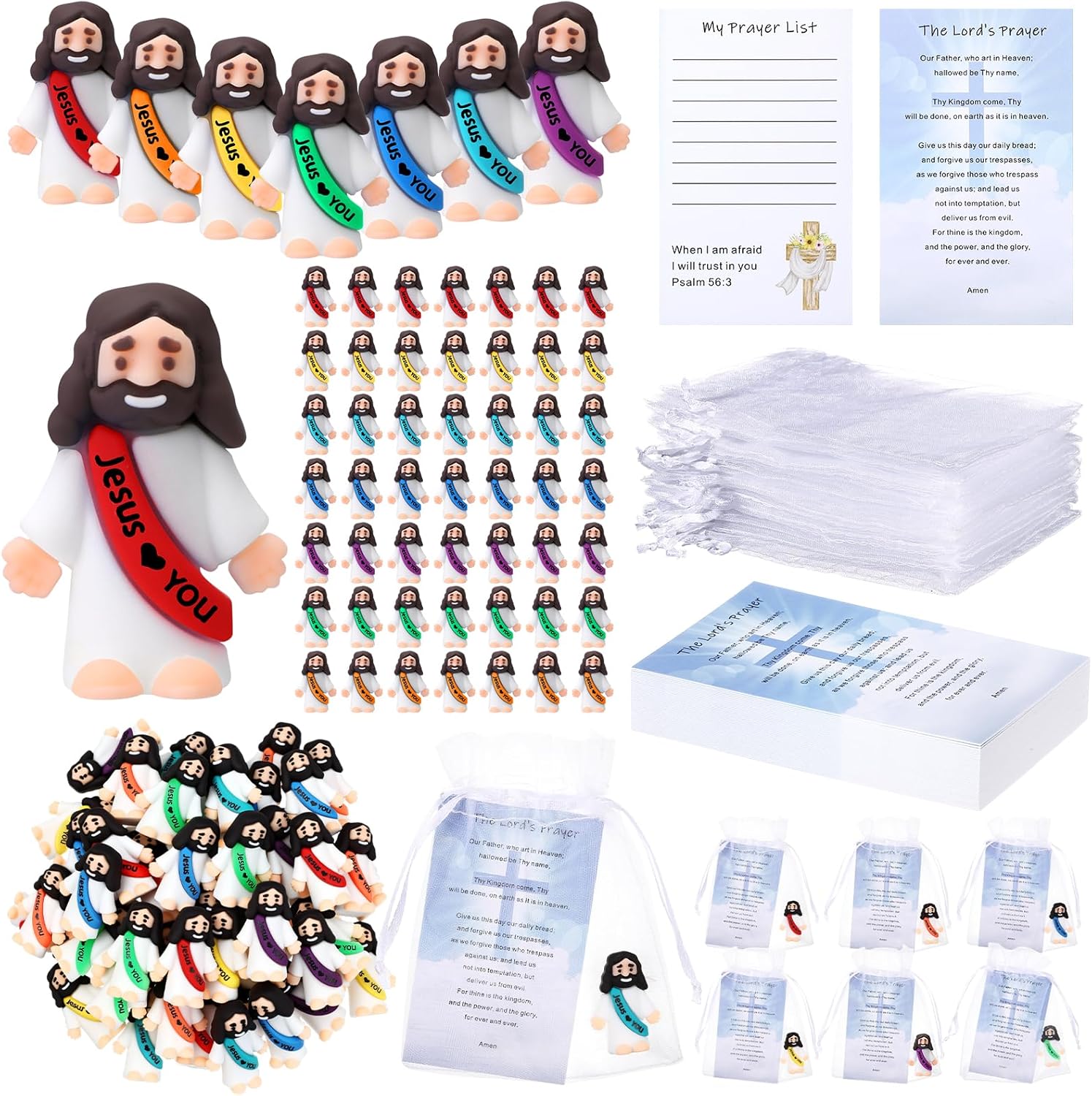 Bememo 150 Pcs Christian Gifts Bulk Bible Verse Cards Little Jesus Figures Prayer Cards Organza Bags for Easter Hunt Religious Party Favors Sunday Baptism, 50 Set(Rainbow Color,Love You)