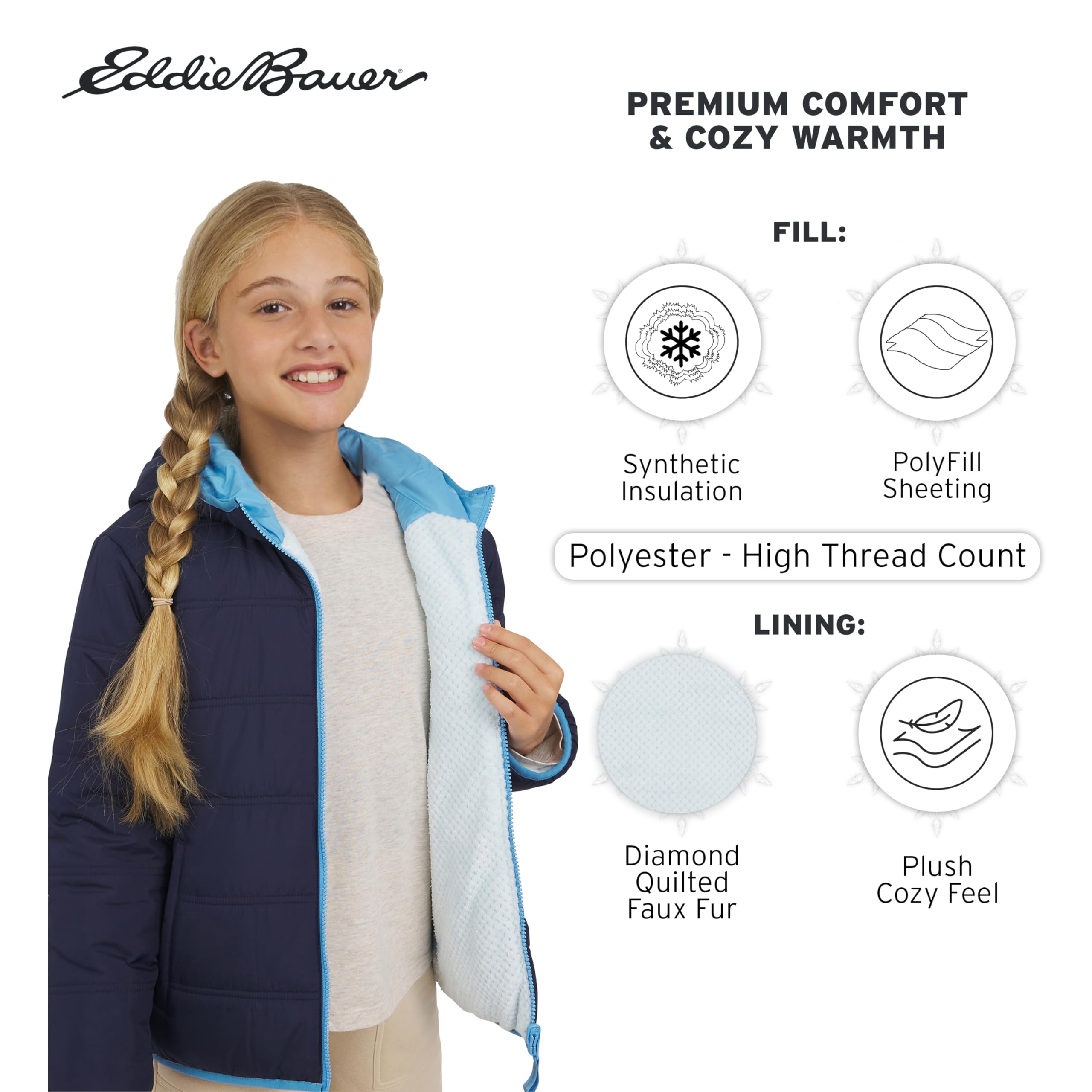 Eddie Bauer Girls' Deer Harbor Reversible Faux Fur Lined Insulated Puffer Jacket (XS-XL)