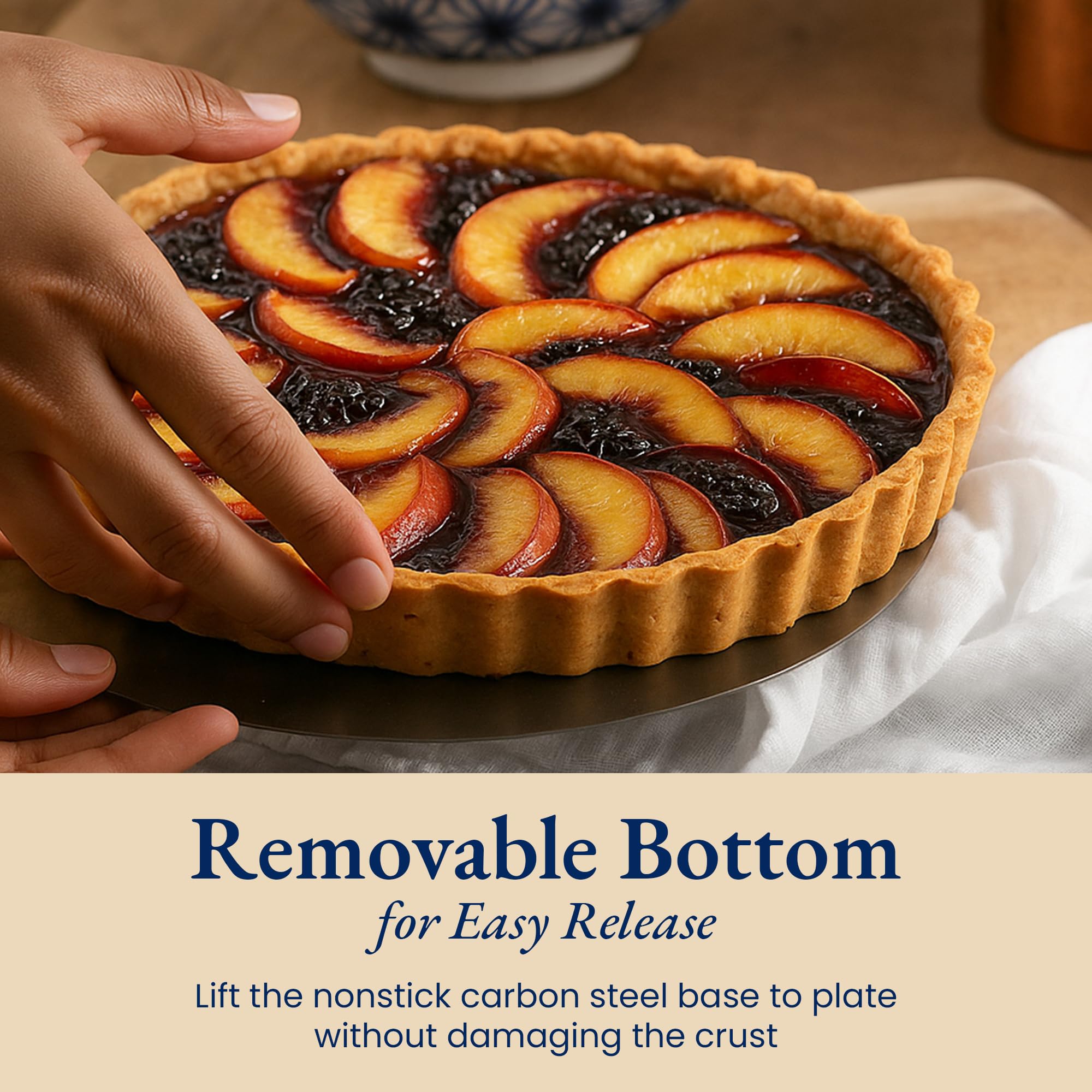 Patz&Patz Molde clásico estriado para tartas con fondo extraíble, 22,86 cm, antiadherente de acero al carbono con anillo moldeador de corteza y peso de silicona para tartas, tartas y quiche