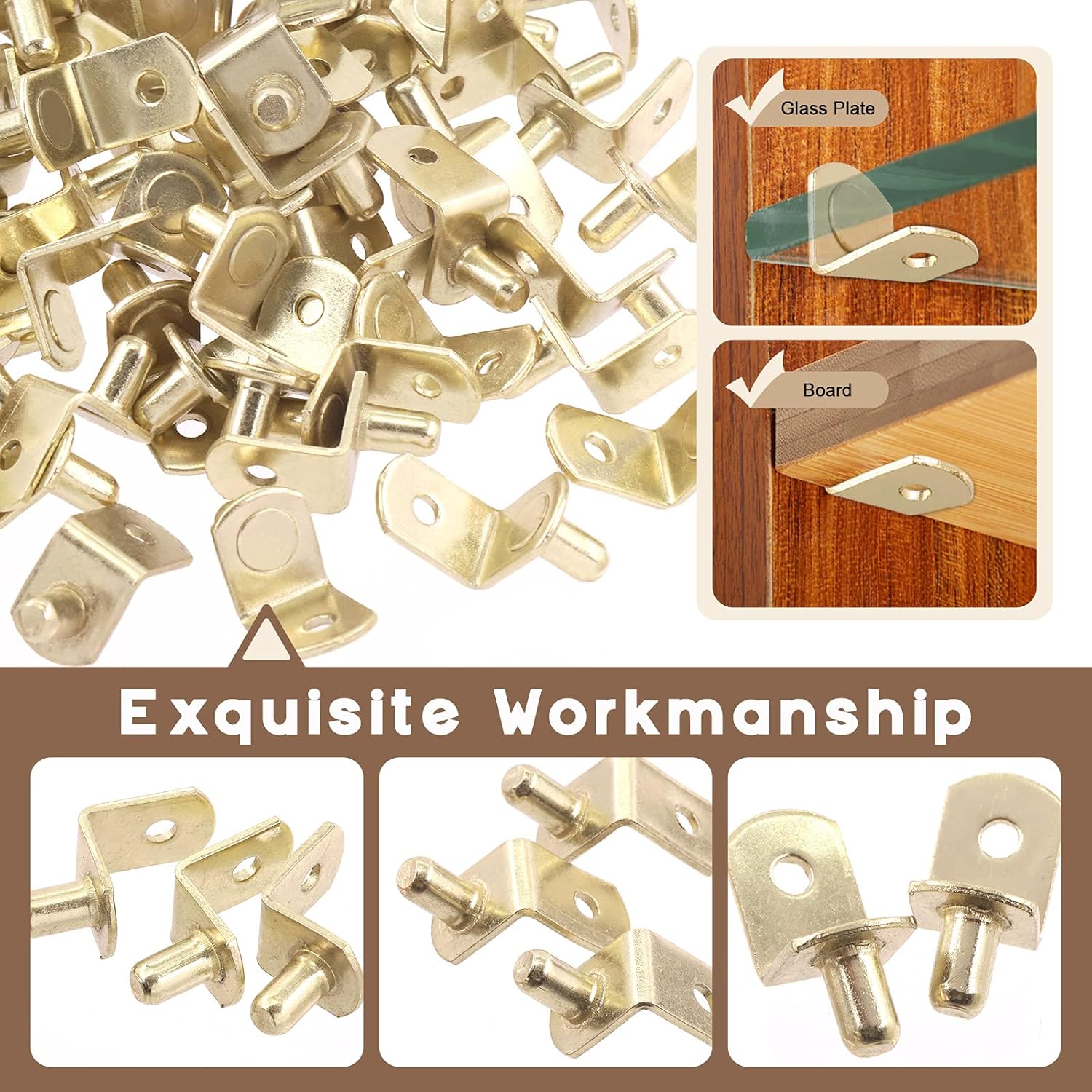60Pcs 0.24” Gold Plated Steel L-Shelf Support Pegs with Hole Kit, L-Shaped Bracket Cabinet Shelf Support Pegs Shelf Pins Support Assortment for Shelf Holes, Bookshelf (Gold)