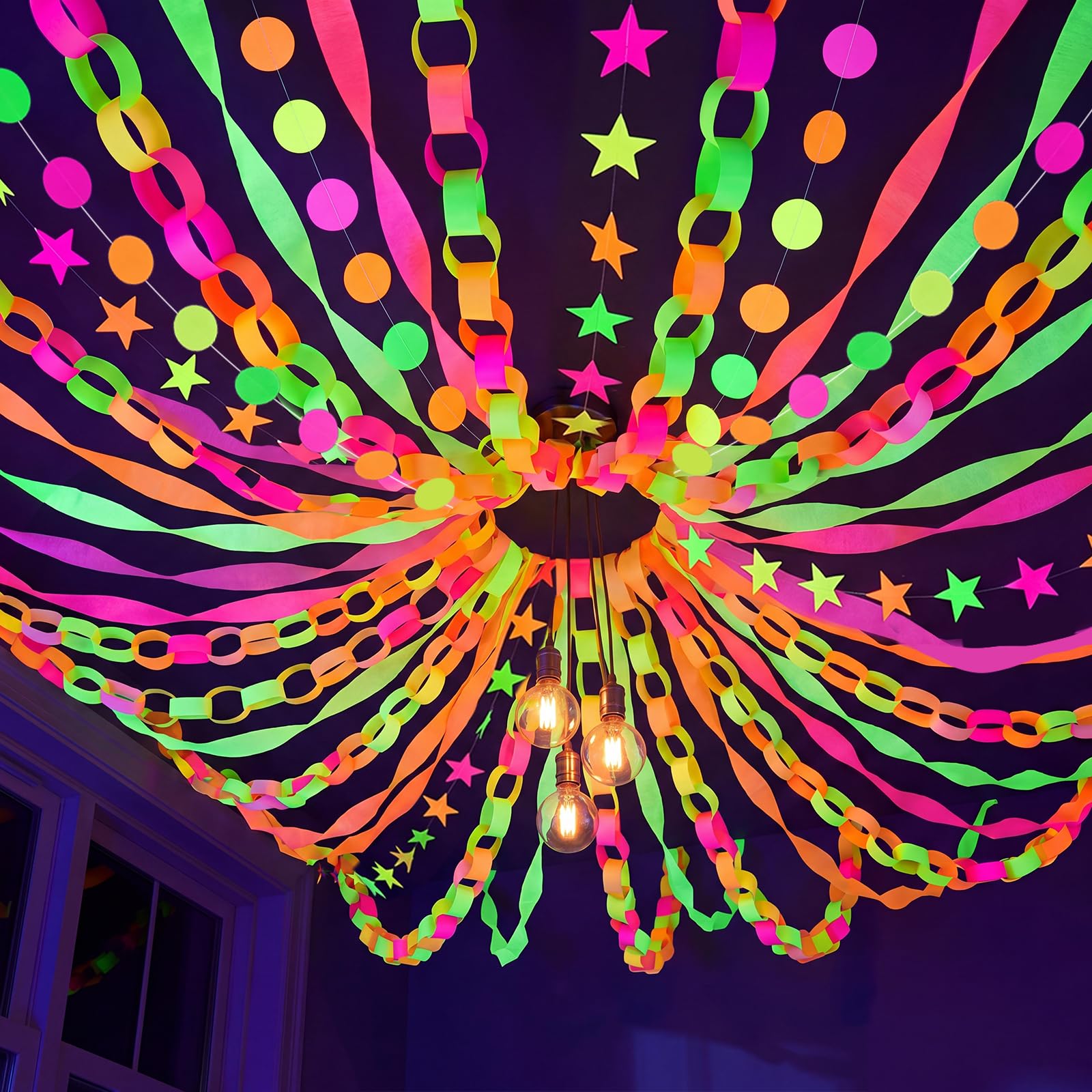 TaoBary Guirnalda de 600 hojas de papel de neón para decoración de fiestas, 100 m, crepé brillante, 15,8 m, círculos y estrellas, para colgar en la oscuridad, fiesta, cumpleaños, decoración de boda