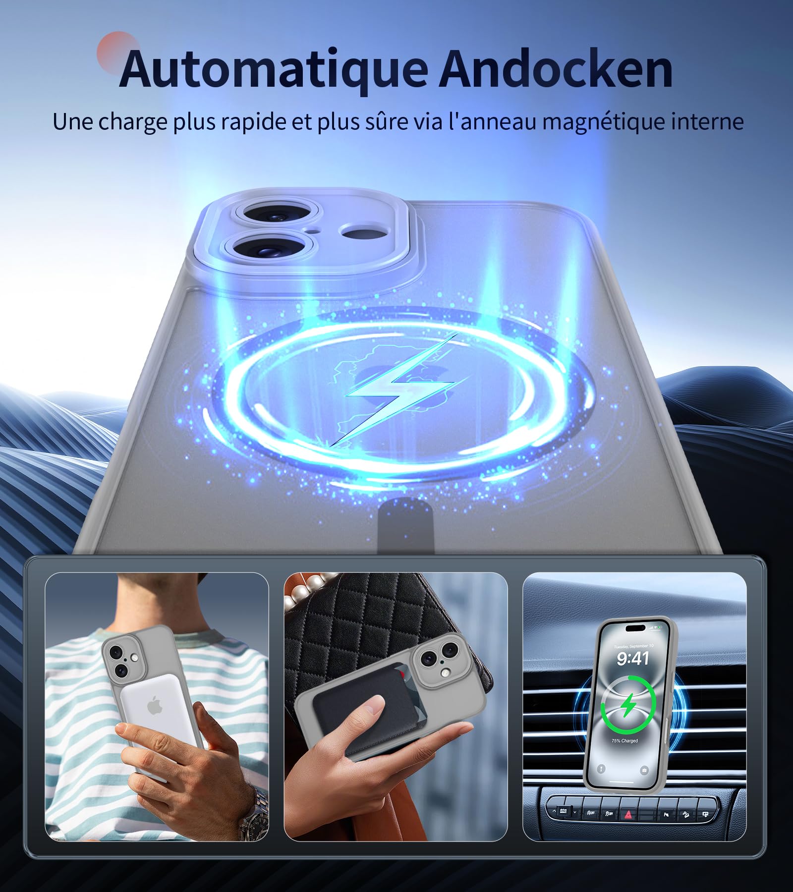 FLLAO Cover Magnetica per iPhone 16 Custodia e 2 Pellicole in Vetro Temperato, Cover iPhone 16 Compatibile con Magsafe, Traslucida Opaca Posteriore Sottile Antiurto Protettiva Case, Grigio