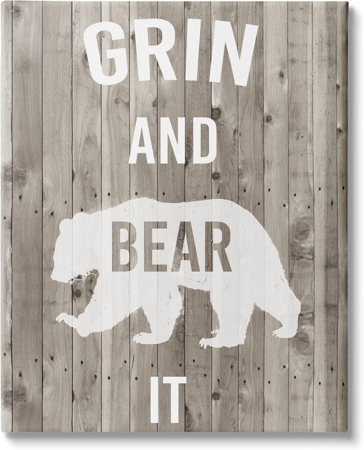 Stupell Industries Grin and Bear It Phrase Rustic Animal Pun Canvas Wall Art, 24 x 30, Tan