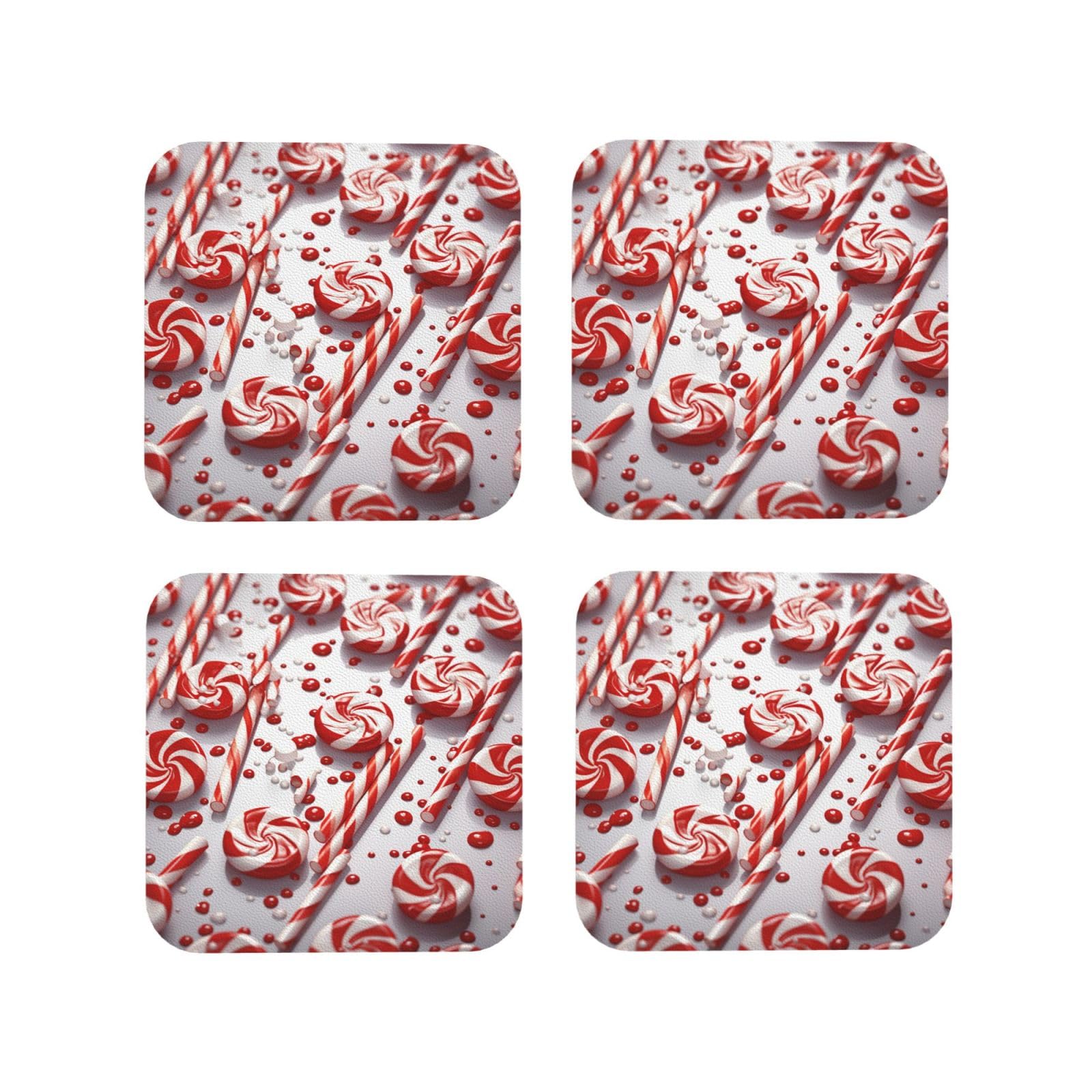4Pcs PU Leather Coaster for Drinks, Candy Cane Cup Coastersr 4" Cup Mat Pad, Aesthetic Drink Coasters for Coffee Table, Square Coaster for Tabletop Protection