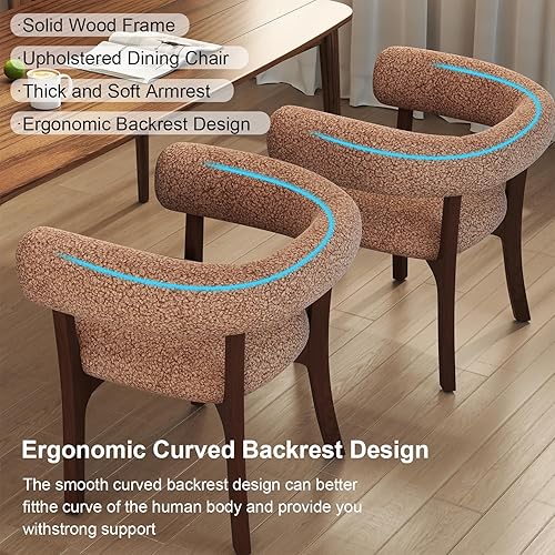 Vista 5 de Juego de 2 sillas de comedor modernas, sillones tapizados de peluche con marco de madera maciza, cómodas sillas de comedor Boucle con respaldo