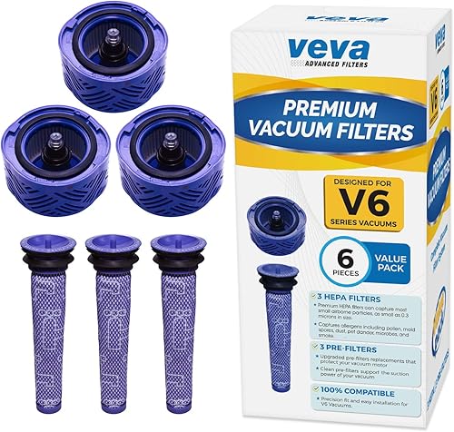 VEVA Juego de 6 filtros de vacío de alta calidad, compatibles con aspiradoras Absolute Dyson V6, prefiltros 965661 y 966741-3 y 3 filtros HEPA para