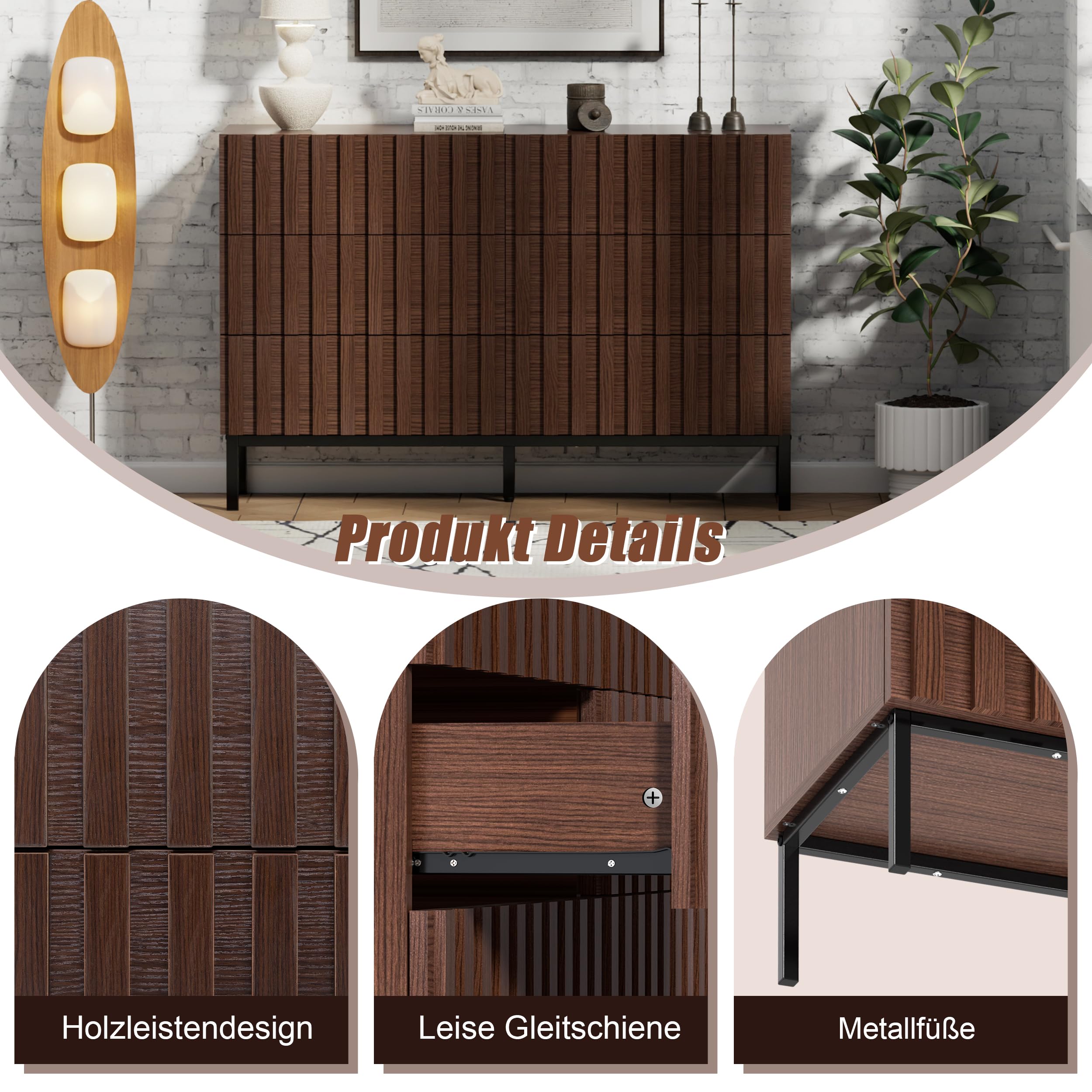 UEV Komoda z 6 szufladami 100 cm, wąska komoda, duża przestrzeń do przechowywania, szafka z przestronnym blatem górnym, do salonu, sypialni, metalowe nóżki, wzór drewna, 100 x 34,5 x 73,4 cm, brązowa