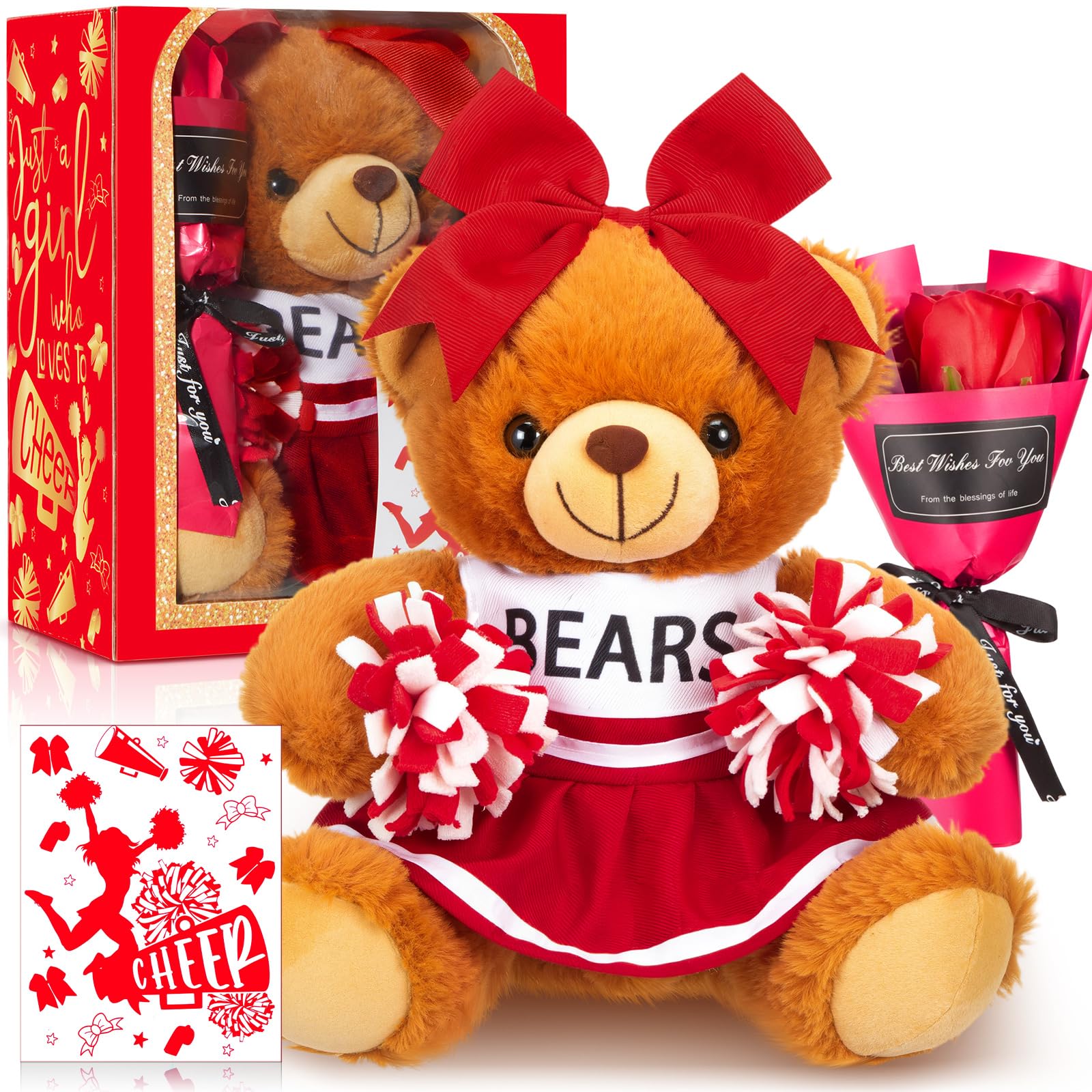 Arrowbash 8 Inch Cheerleader Bear Plush with Pom Poms and Bow, Red | Back to School Cheer…