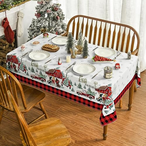 Miniatura 2 de Horaldaily Mantel de Navidad de 60 x 120 pulgadas, lavable con diseño de casa de perros, camión, nieve, para fiestas, pícnic, decoración de cenas
