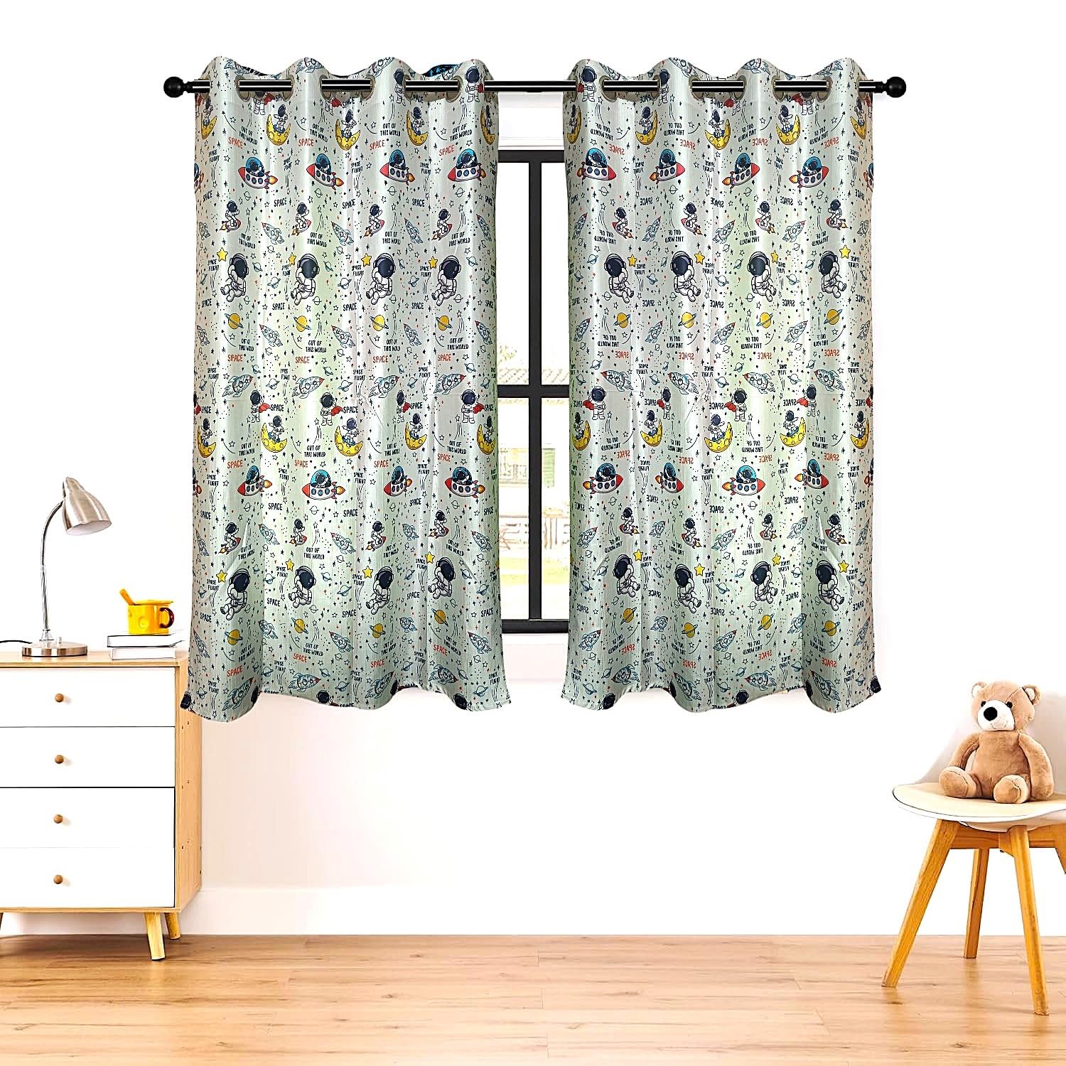 3D Printed 4x5 feet Curtains for Kids Bedroom | Spaceship Astronaut Print Kids Room Curtains | Window Curtains for Boys & Girls Rooms Curtains Set of 2, 5 ft Cartoon Curtains, Blue