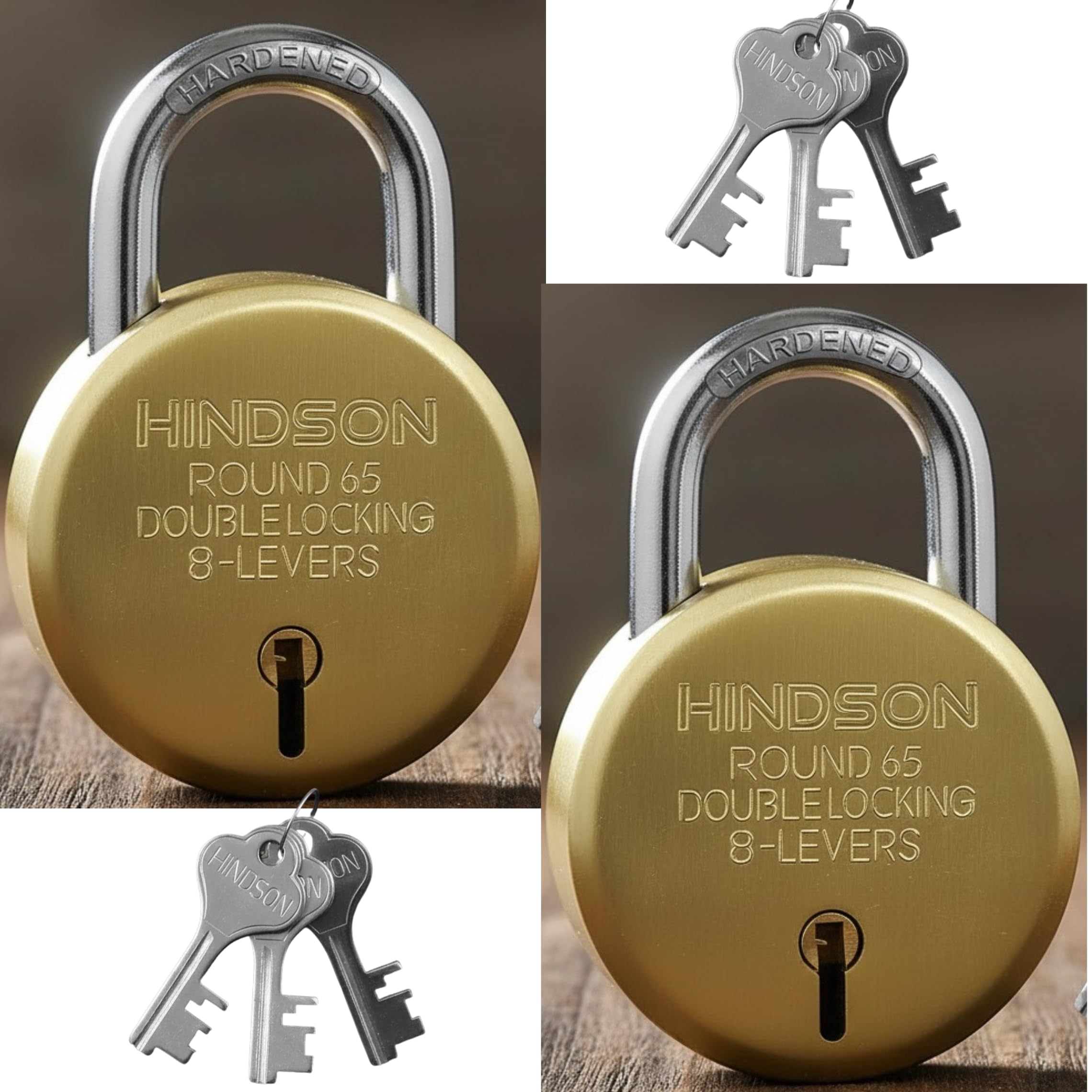 HINDSON Lock and Keys Door Lock for Home Round 65 Padlock with 3 Keys Double Locking 8 Lever gate, Shop Shutter Gold Finish (65mm, Steel, Pack of 2)