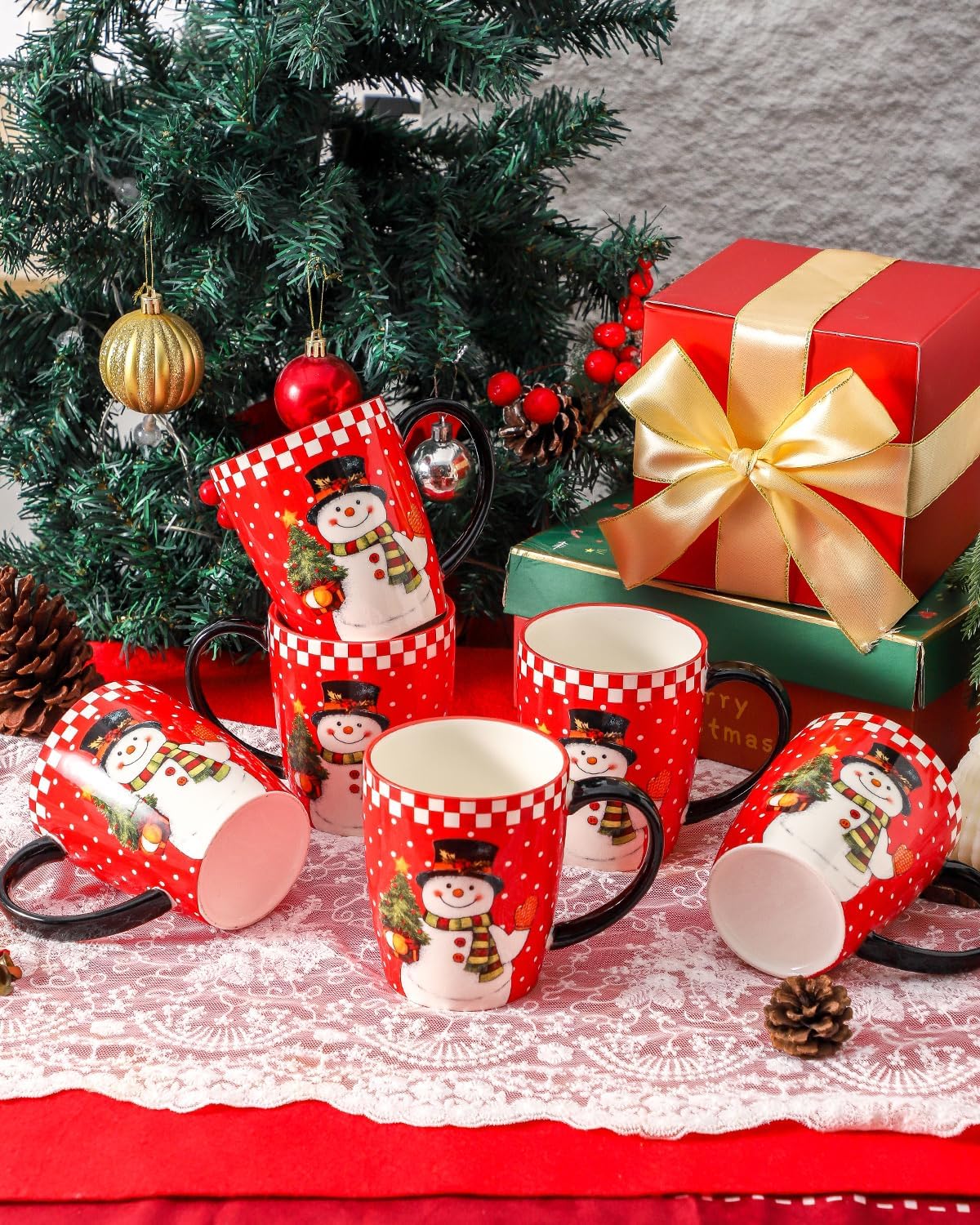 HASENSE Coffee Mugs Set of 6, Ceramic Coffee Cups with Handle, Large Christmas Latte Cup for Tea, Hot Cocoa, Milk, Stylish Mug for Holiday Gift, Dishwasher and Microwave Safe, Red - Image 3