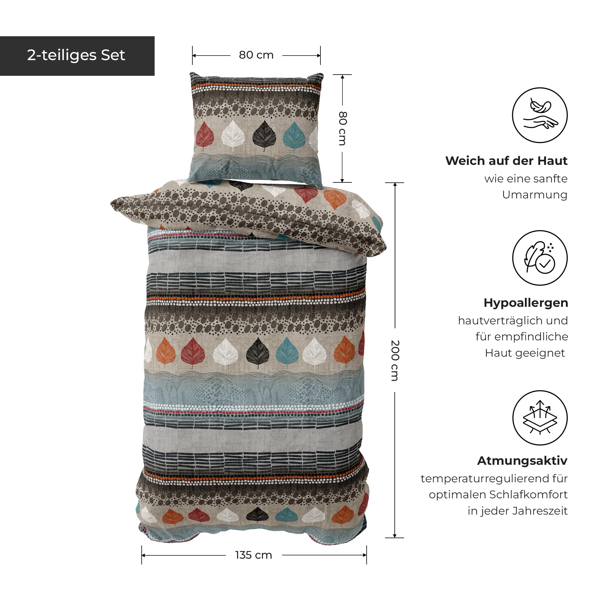 Ropa de cama de algodón de 135 x 200 cm, 2 piezas, 1 funda nórdica de 135 x 200 cm y 1 funda de almohada de 80 x 80 cm, con cremallera, certificado ÖKO TEX, transpirable, beige, gris, azul