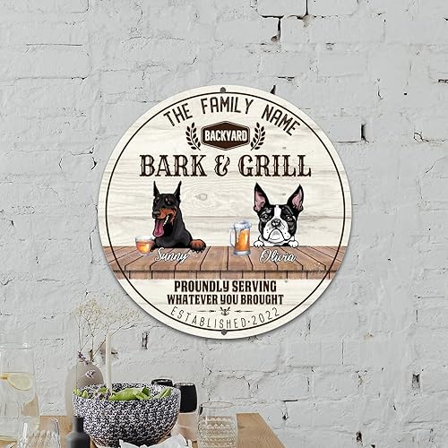 Miniatura 3 de Letrero redondo de metal para ladridos y parrilla, Doberman y perro toro francés, letrero de metal para cachorros, nombre de la familia, 12