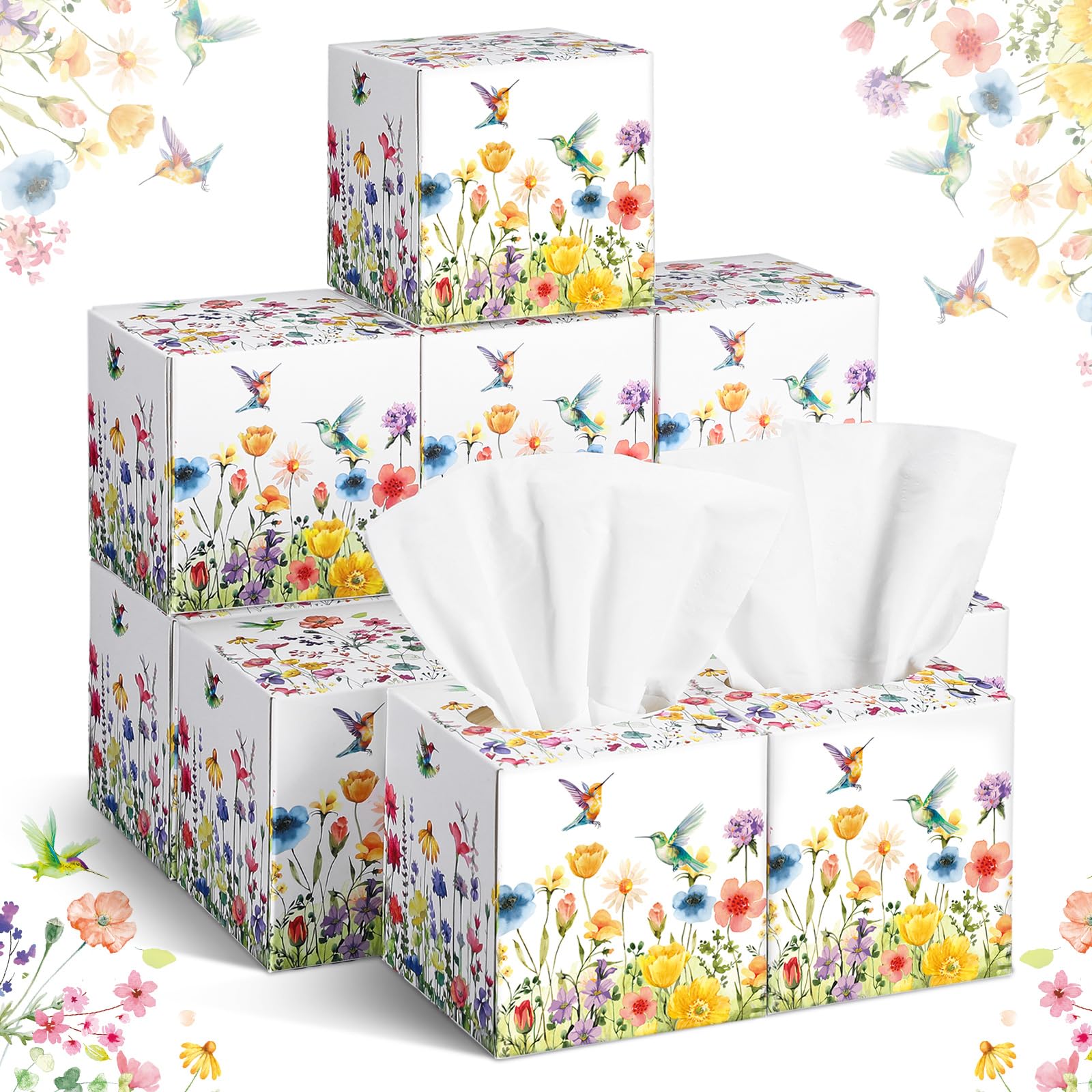 Fourluoo 12 Pack Spring Floral Facial Tissues Cube Boxes 600 Sheets 3 Ply Small Square Flower Hummingbird Face