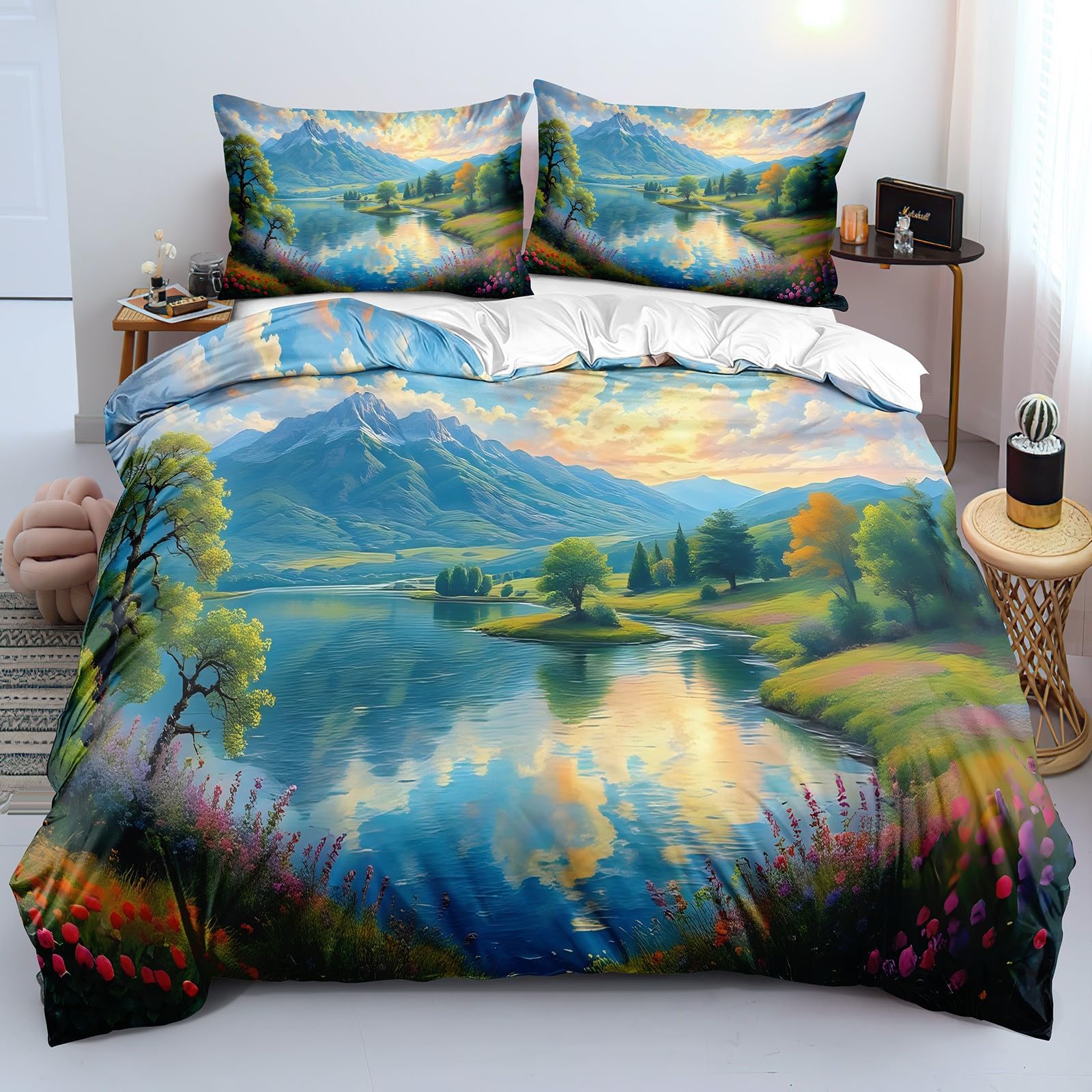 Parure de lit lac 140x200 montagne anti-plis et fermeture éclair pour lit simple