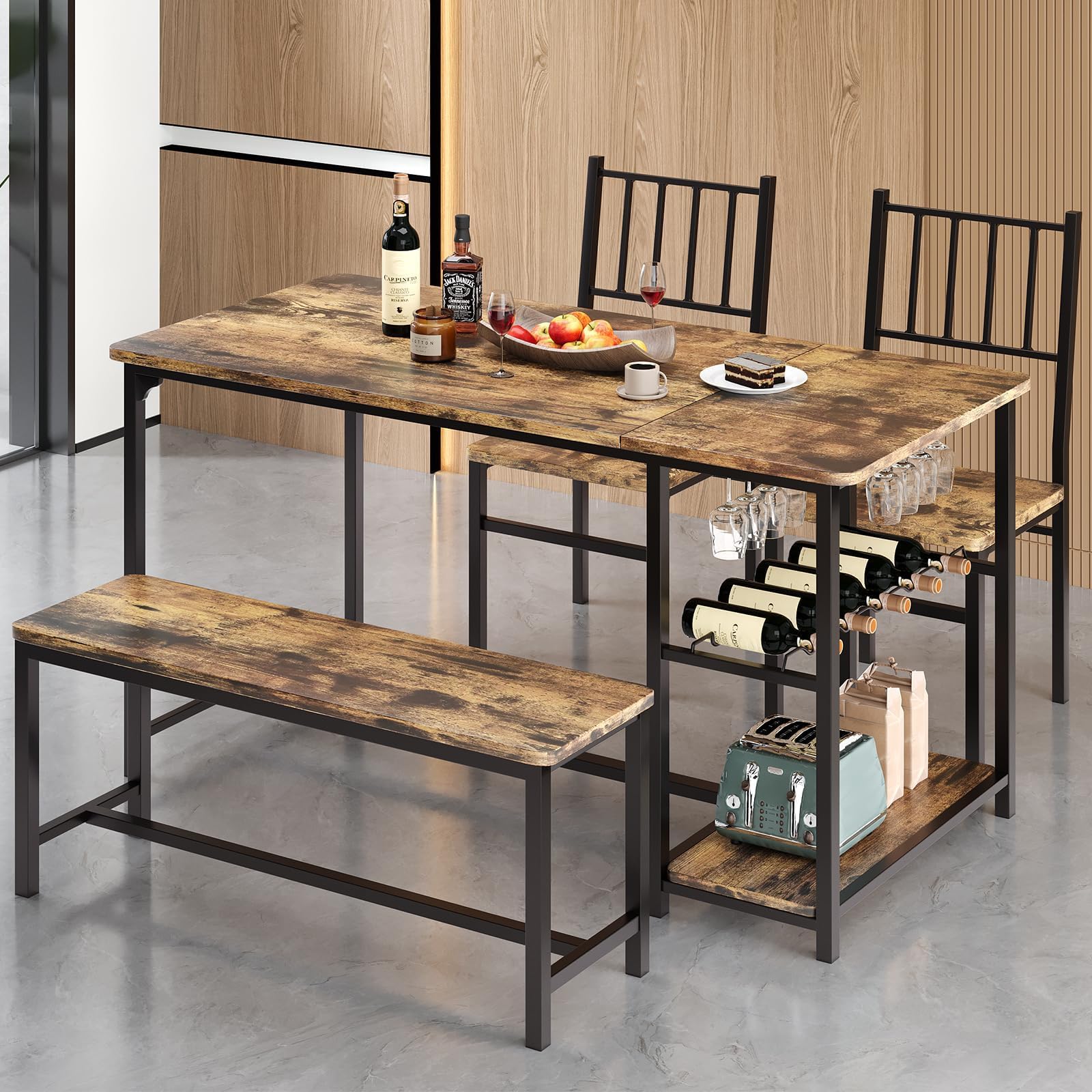 Dining Table for 4, Kitchen Table Set for 4 With 2 Chairs and Bench, Dining Room Table Set with Built in Wine Rack & Wine Glasses Holder, Storage