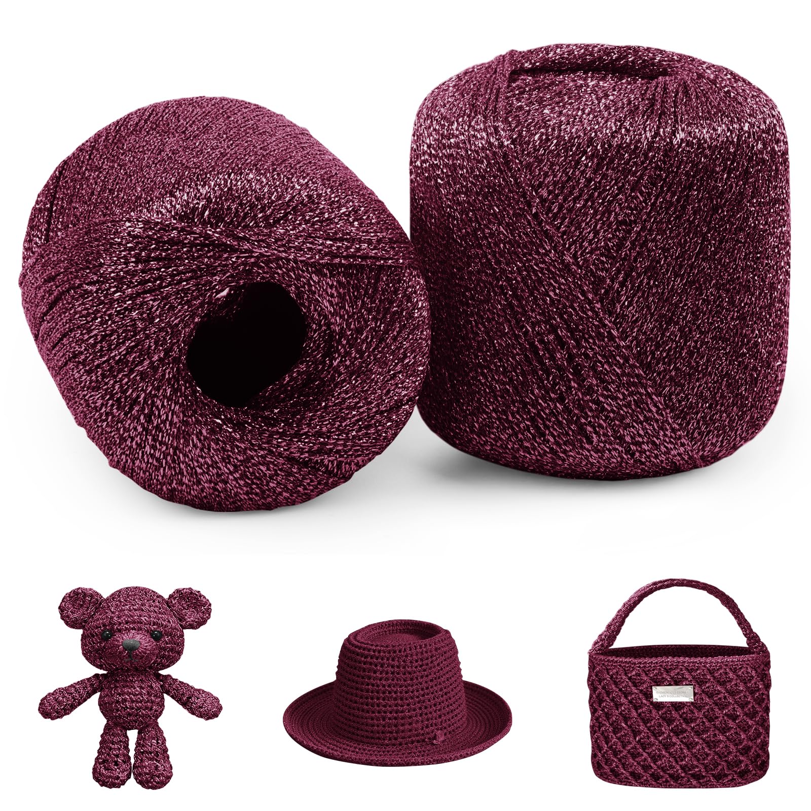 Uiopa 2 Pack Wine Red Glitter Yarn 2mm x 120m Sparkle Crochet Macrame Yarn Metallic Polyester Cord for Bags, Baskets, Hats, Amigurumi, Home Decor, DIY Crafts