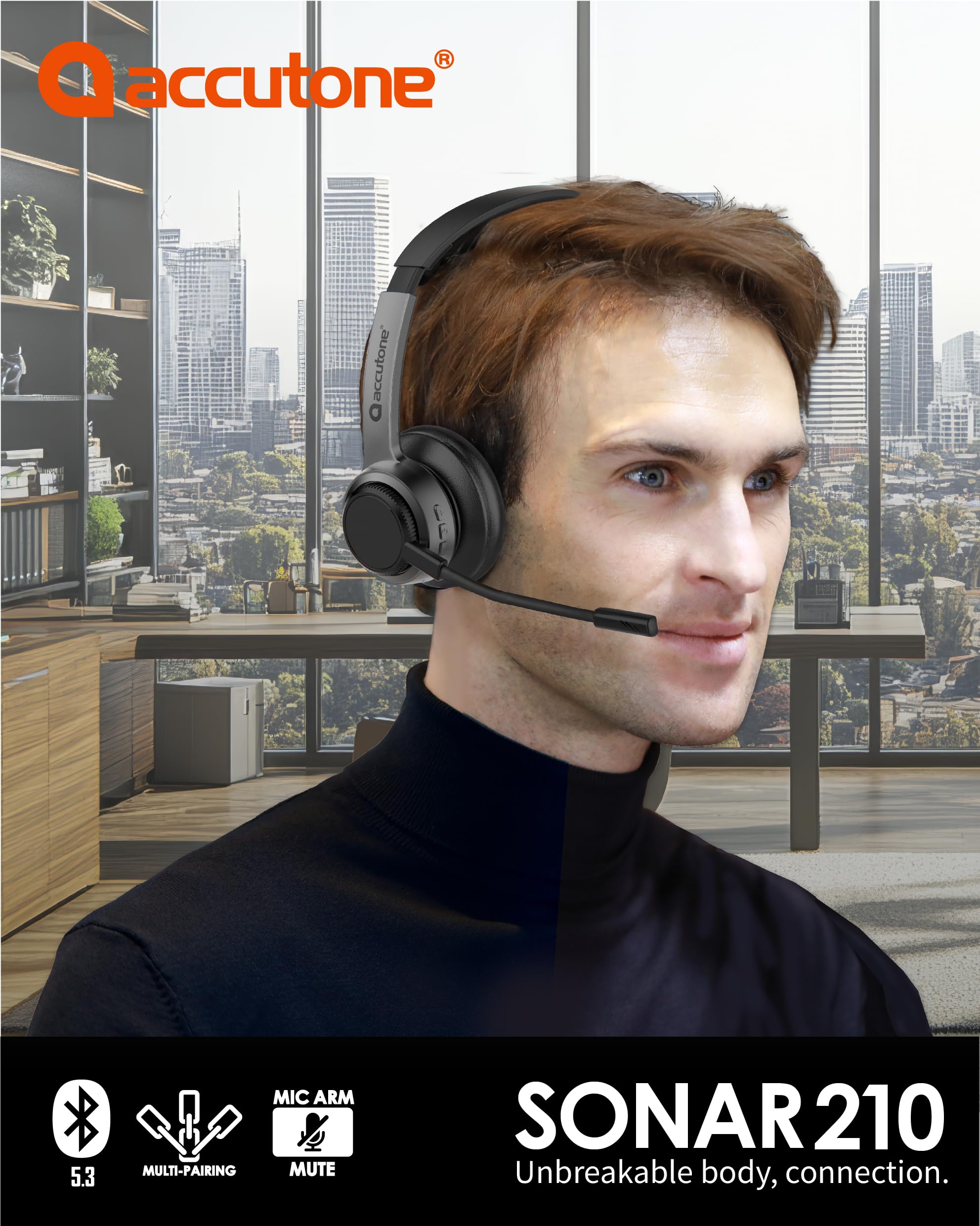 ACCUTONE Sonar 210 Mono Casque Bluetooth avec micro NC, batterie longue durée pour PC/Mac et téléphones portables, fonctionne avec MS Teams/Skype/Zoom