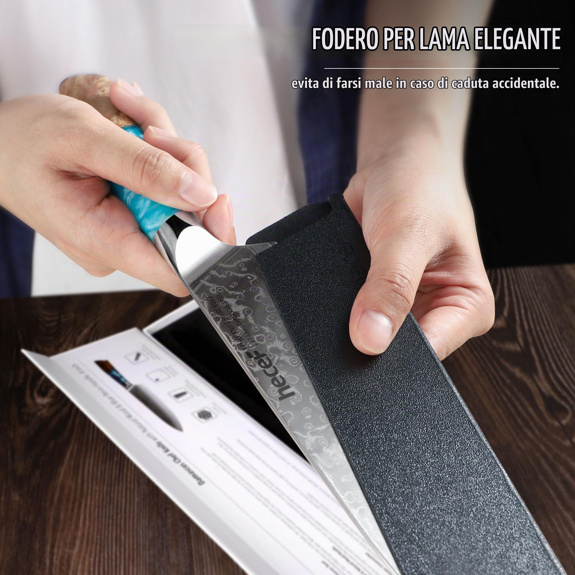 hecef Coltello Giapponese, 20 cm Coltello da Cucina Professionale con Manico Ergonomico in Resina, 67 Strati VG10 Coltello Damasco, Coltello Chef con Fodero Protettivo Della Lama