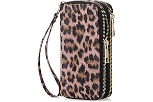 Cellphone Wallet for Women with Dual Zipper and Removable Wristlet in Leopard Pink