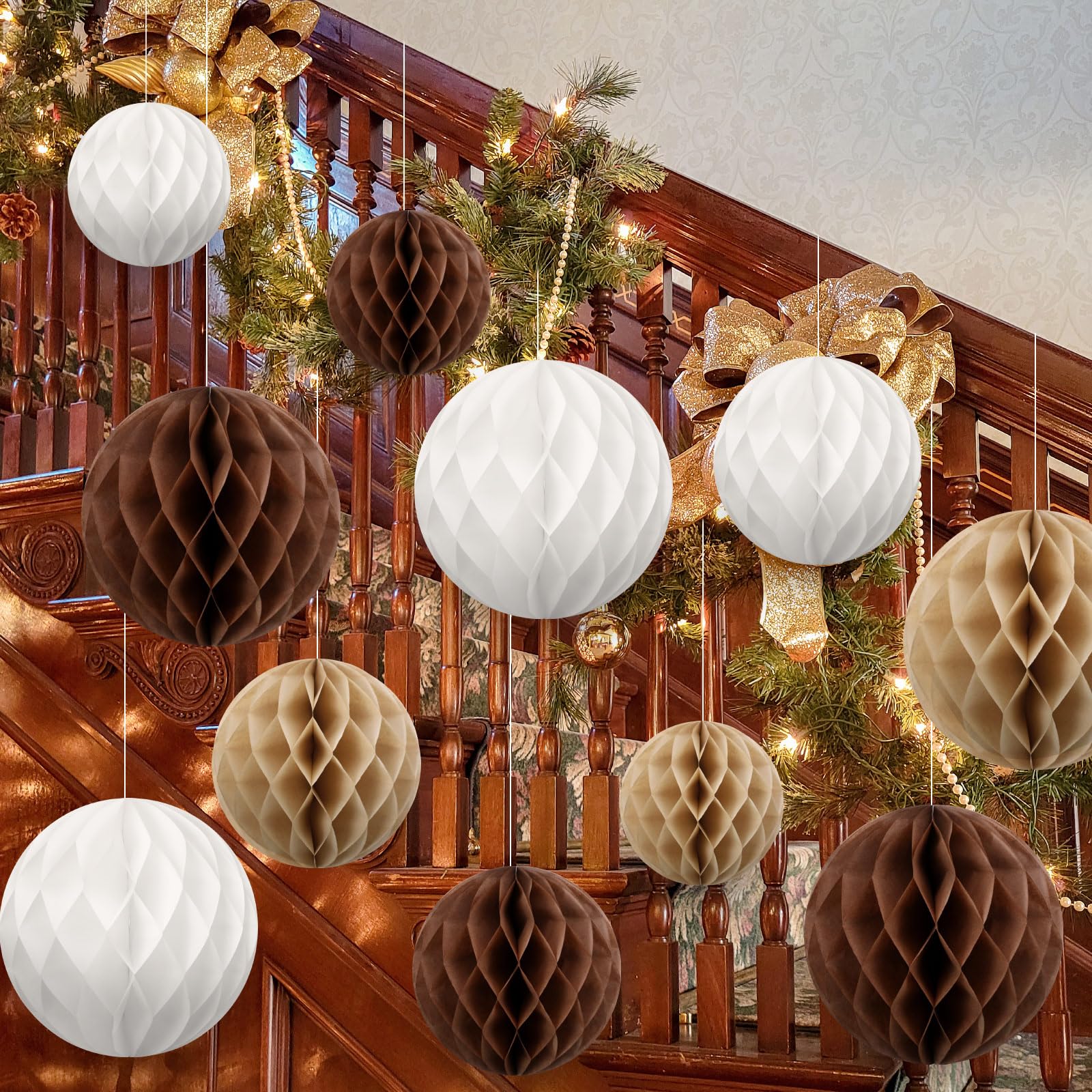 12 Pcs Large Paper Honeycomb Christmas Ornaments 10" 8" 6" Neutral Christmas Ceiling Ornaments Jumbo 3D Hanging Balls Assorted Size Brown Xmas Stairs Decor for Home Tree Indoor Party