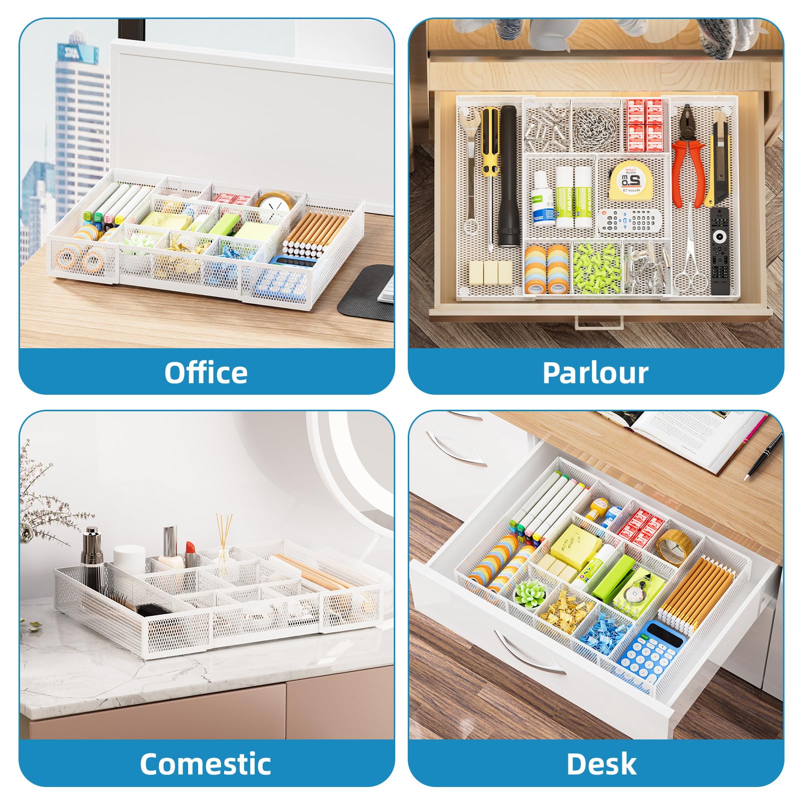 Marbrasse Organizer espandibile per cassetti da scrivania, vassoio organizer per cassetti in rete con 10 scomparti regolabili, organizer da scrivania e accessori per ufficio, trucco e toeletta