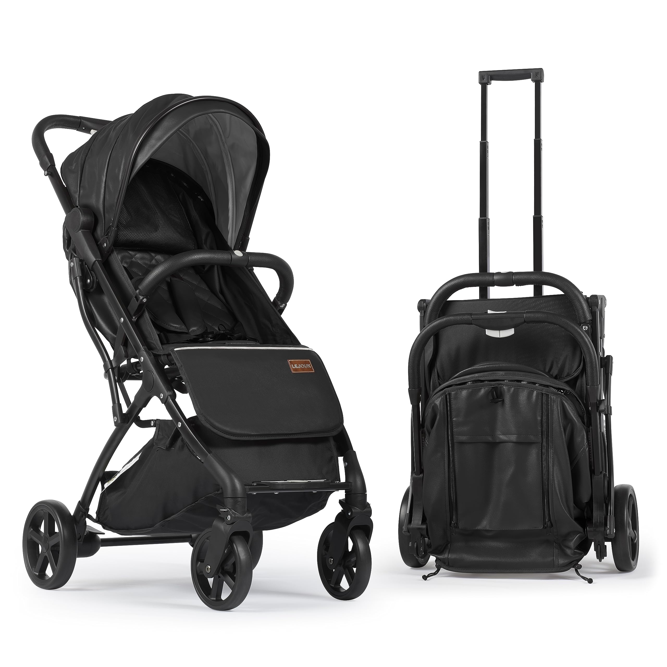 Lejoux Poussette bébé – Poussette de voyage légère pliable harnais 5 points, dossier de siège réglable et panier surdimensionné pliable 1 main – Roues pivotantes lisses Housse de pluie en cuir noir