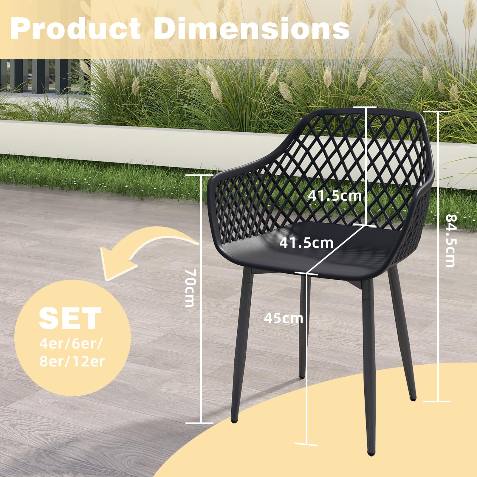 Set 6 Sedia Giardino Esterno PP Metallo Braccioli 120 kg Nero