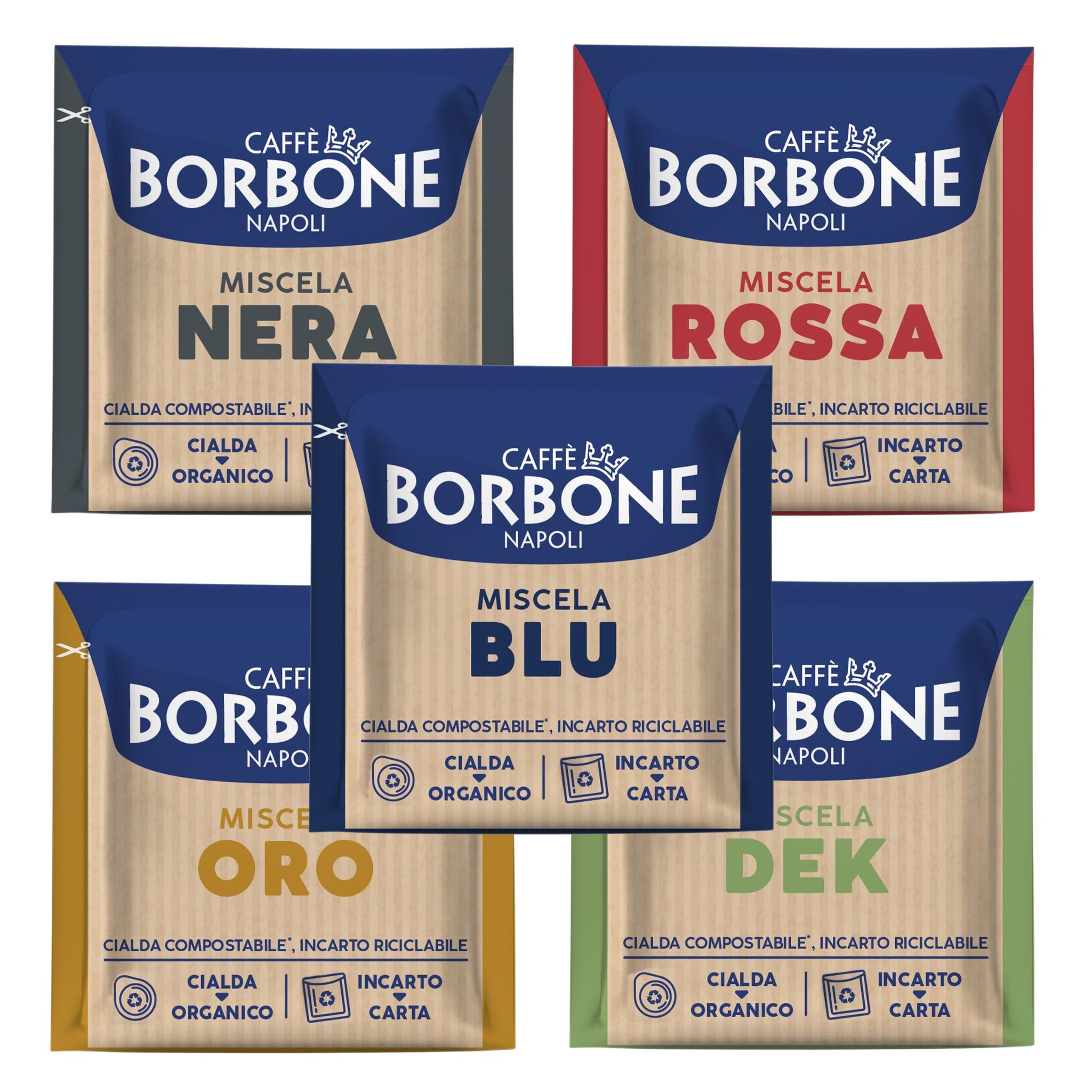 5 x 50 Cápsulas 44 mm Borbone degustación Color 50 Cápsulas negras, 50 azul, 50 RED, 50 oro, 50 Dek