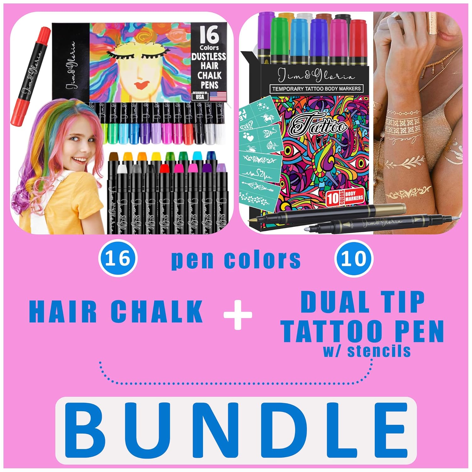 Jim&Gloria Dustless Hair Chalk Temporary Color Dye Body Art Tattoo Pen Dual Tip 10 Colors With GOLD & SILVER Skin Markers For Kids Adults, Gifts for Teenage Girl, Teen Girls Trendy Stuff