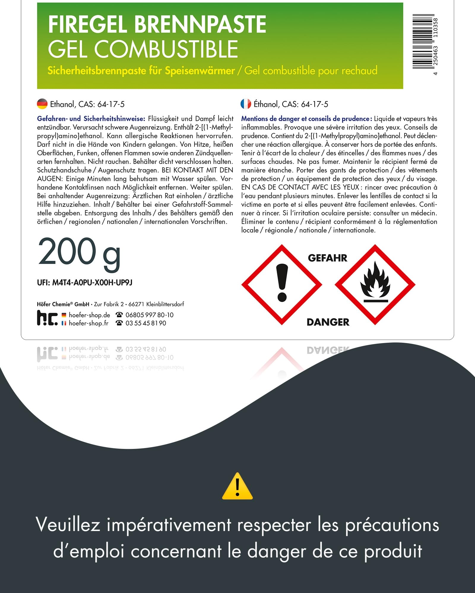 Höfer Chemie Pâtes Combustibles 200 g Lot de 12 – Bioéthanol Réutilisable Durée 2,5 Heures