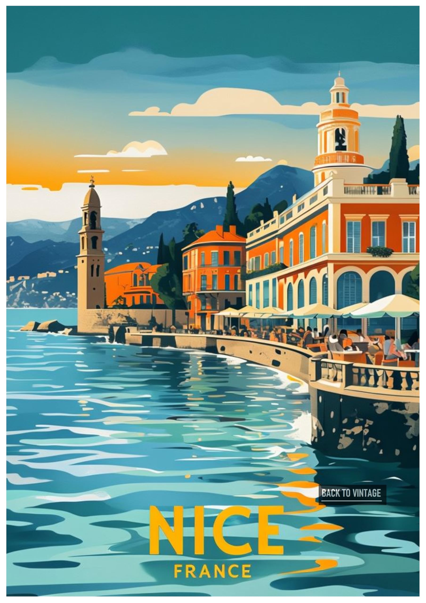 Back To Vintage Multicoloured Vintage Travel Poster Illustration Depicting Beautiful Nice France - Retro Europe Travel Poster A4 Size Vintage Wall Art Print Of Famous European Destinations Ideal For Home Or Office Decor