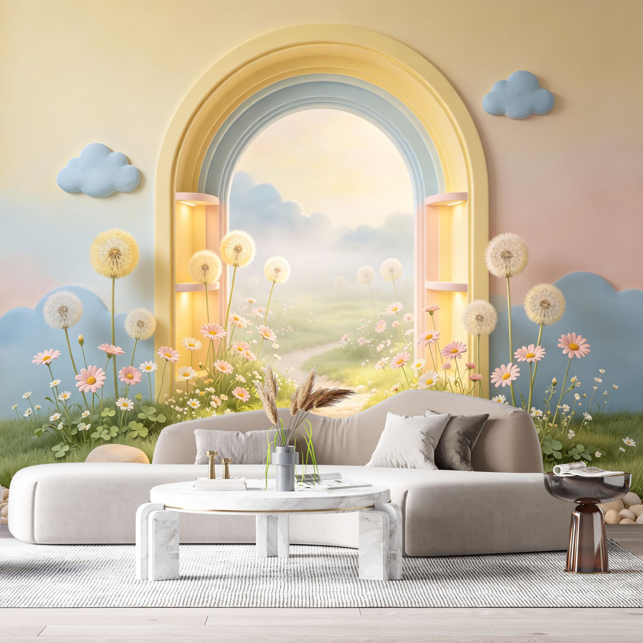 Custom Size Wall Murals Archway Meadow Dandelion Minimalist 3D Trompe L'Oeil SelfAdhesiveWall Fabric Removable Wallpaper Wall Decor for Living Room Bedroom Bathroom