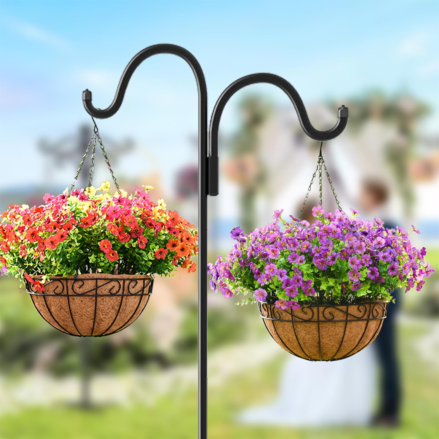 2-Pack 92" Heavy Duty Adjustable Shepherd Hooks - 5-Prong Stabilizing Base for Bird Feeders, Hanging Plants, Lanterns & Solar Lights