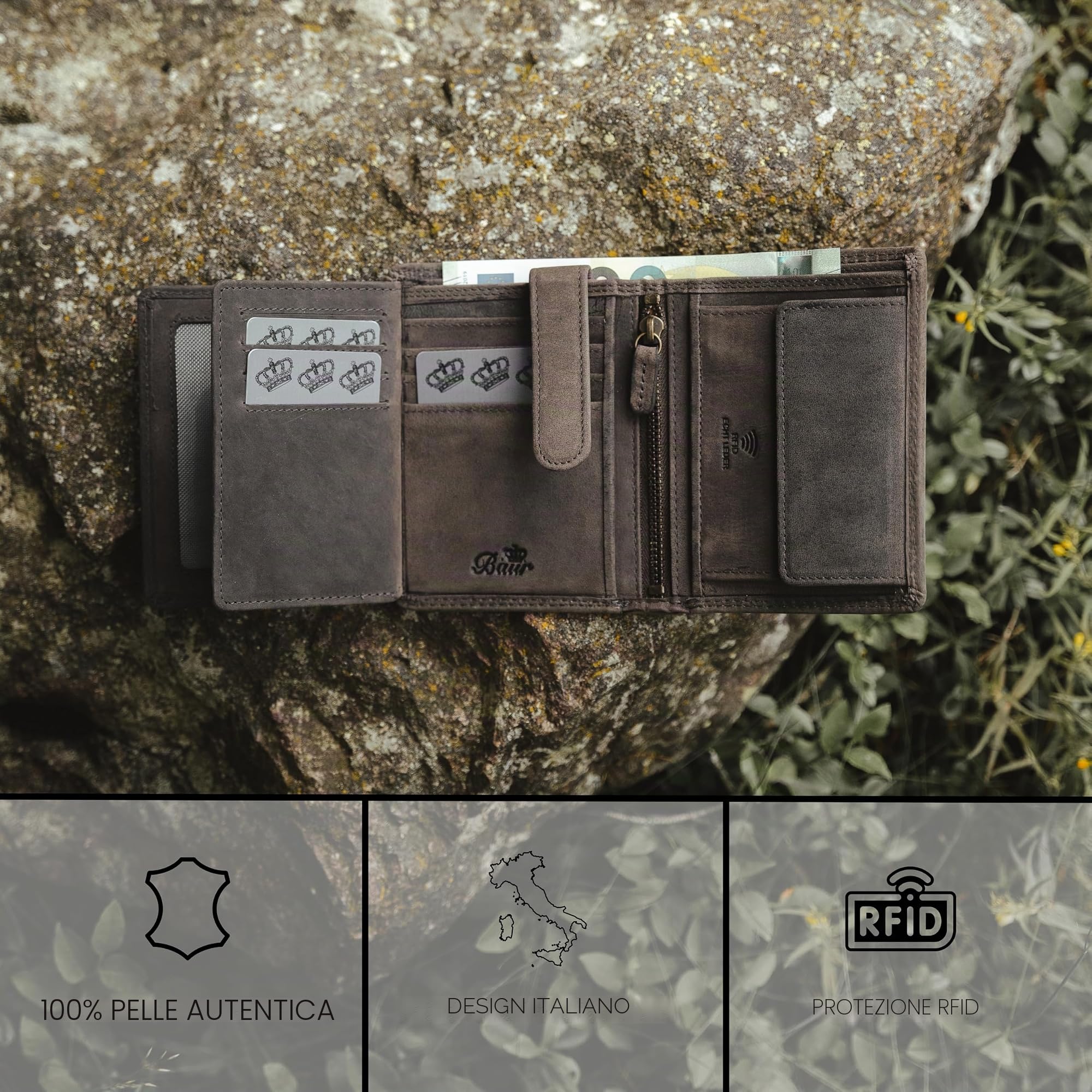 Baur portafoglio da uomo – vera pelle di bufalo con protezione RFID – portafoglio grande verticale con 12 scomparti carte e ampio scomparto monete (Formato verticale con bottone interno, Grigio)