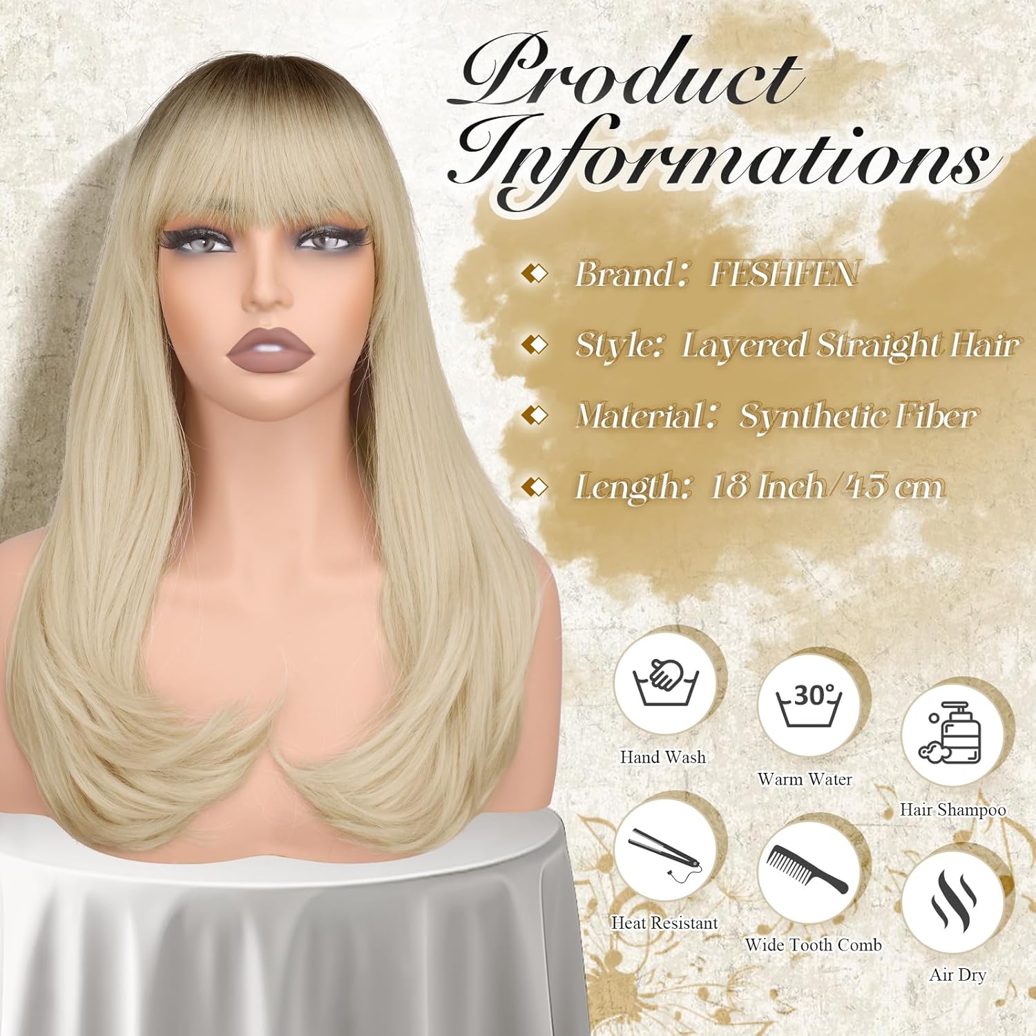 FESHFEN Long Wigs with Bangs, Synthetic Natural Looking Layered Straight Hair Wig for Women Daily Party Use 18 inch, Ombre Blonde - Image 5