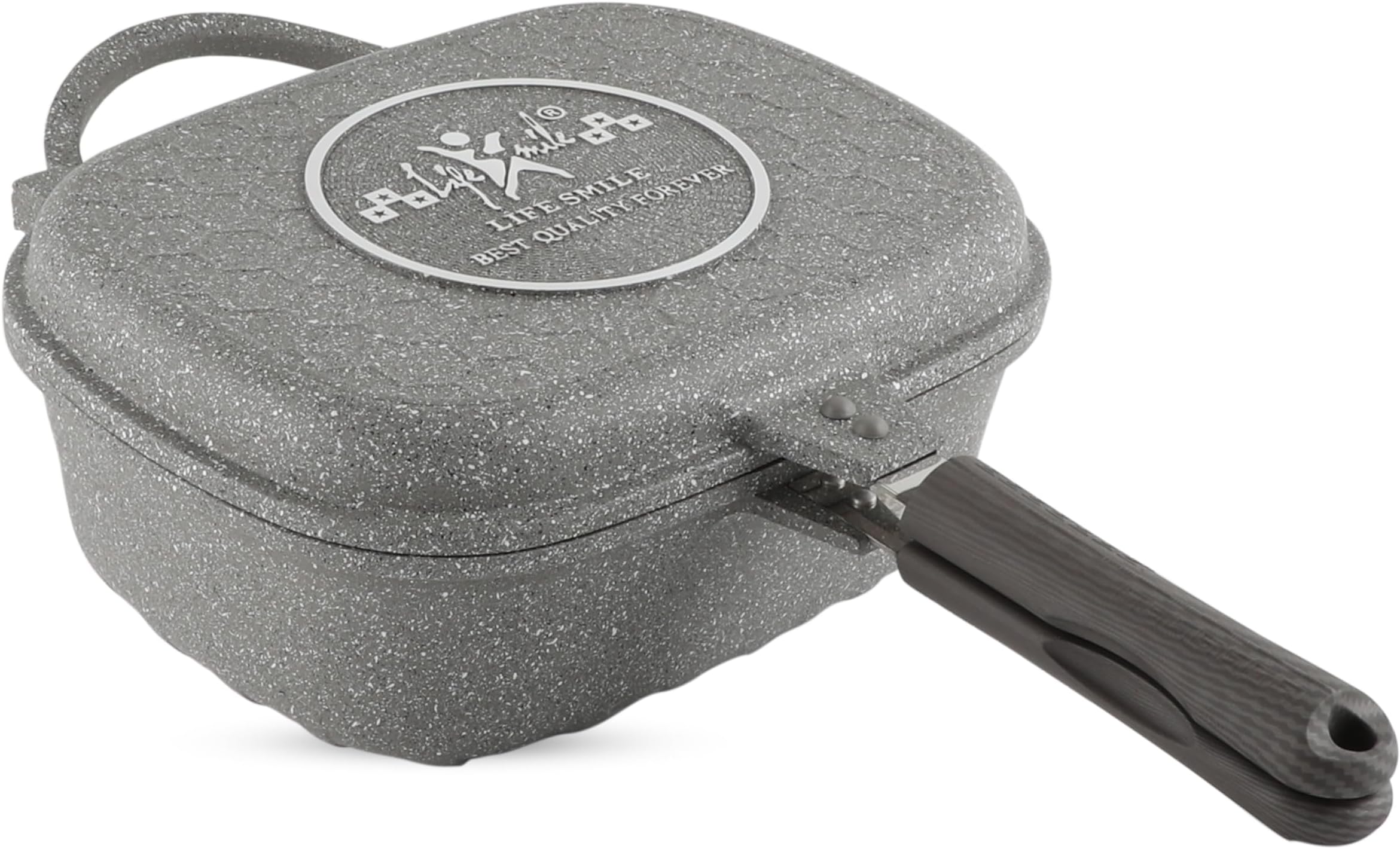 LIFE SMILE 30 CM Smart Deep Double Grill Pan - Multi Layer Granite Non-Stick Coating With Magnetic Handle - Flipping Deep Grill Frying Pan | Multiple Hob Compatibility (Grey)