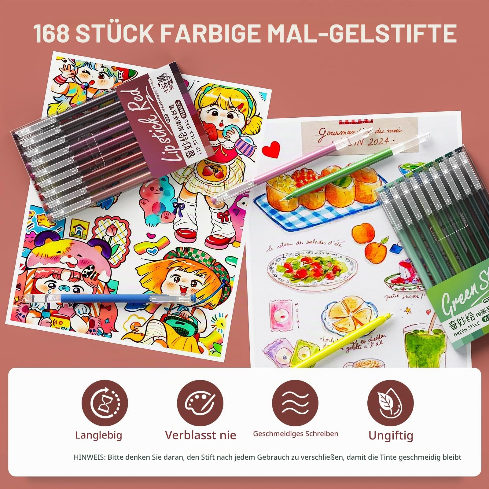 TrendGate 168 Acrylstifte Gelstifte Set, 0,5mm Feine Spitze Gelschreiber | 162 Farben (159 Farben + 3 Weiß/3 Silber/3 Gold), Gel Pen, Malen, Schreiben, Journaling, Wasserfest, Vielzahl von Oberflächen