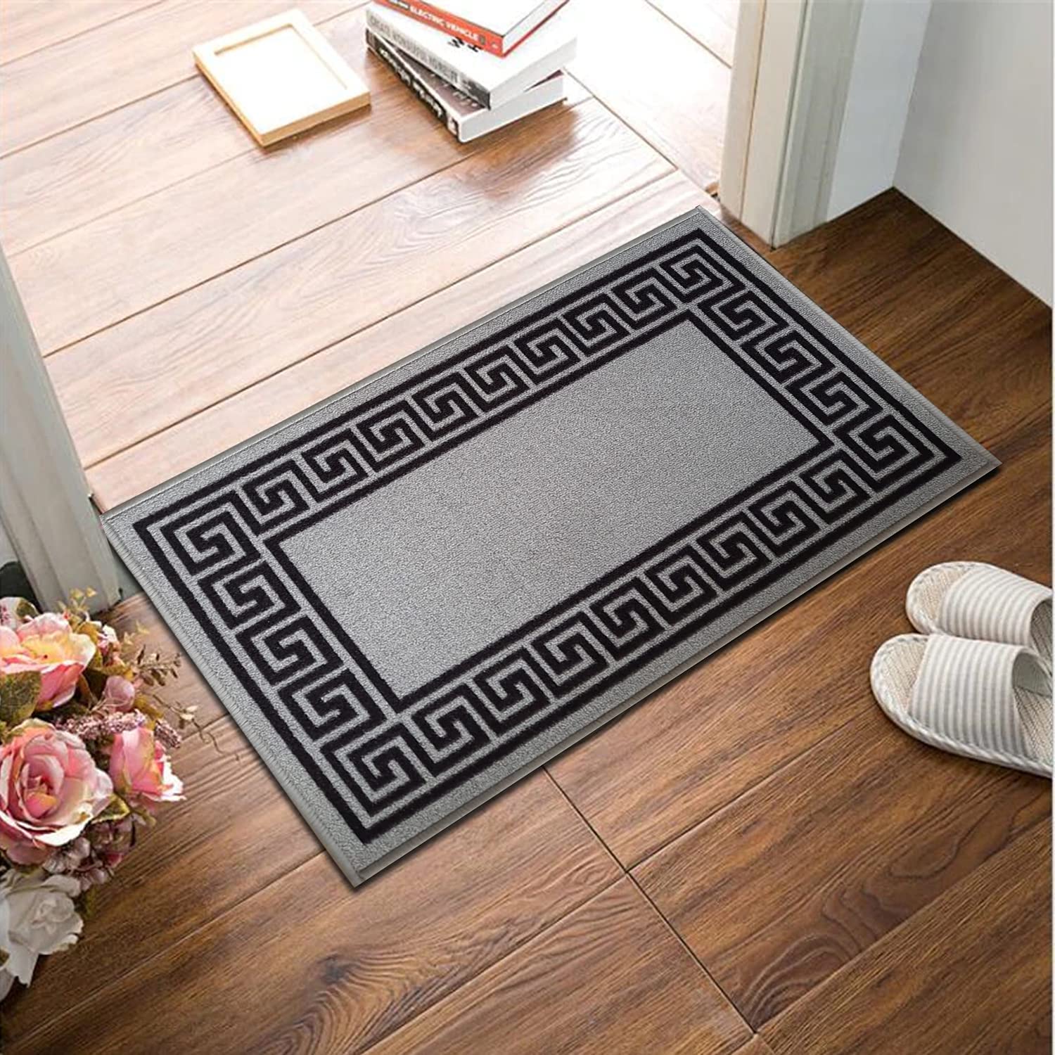 B&B Non Slip Door Mat Super Absorbent Heavy Duty | 40 x 60 cm Machine Washable Doormats for Kitchen and Office Indoor Outdoor Anti Slip Floor Mat - Greeky Rug Dark Sliver & Black