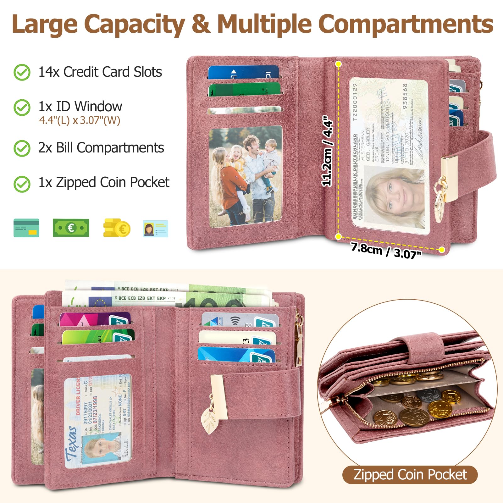 Cartera Mujer Pequeña, Monederos Mujer en Cuero PU con Bloqueo RFID, Carteras de Mujer Gran Capacidad con 14 Ranuras Tarjetas y Bolsillo con Cremallera Billeteras para Mujeres (Rosa)