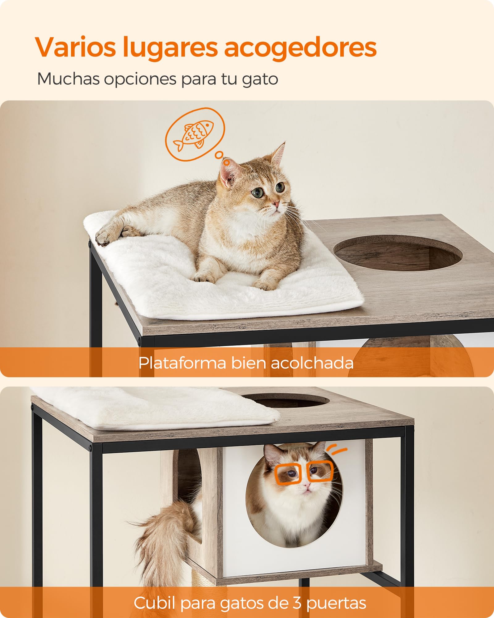 Feandrea Árbol para Gatos, Casa para Gatos con Mueble para Bandeja Higiénica, Soporte para Comedero Elevado, Tronco de Sisal, Cojines Lavables, Beige PCT312G01