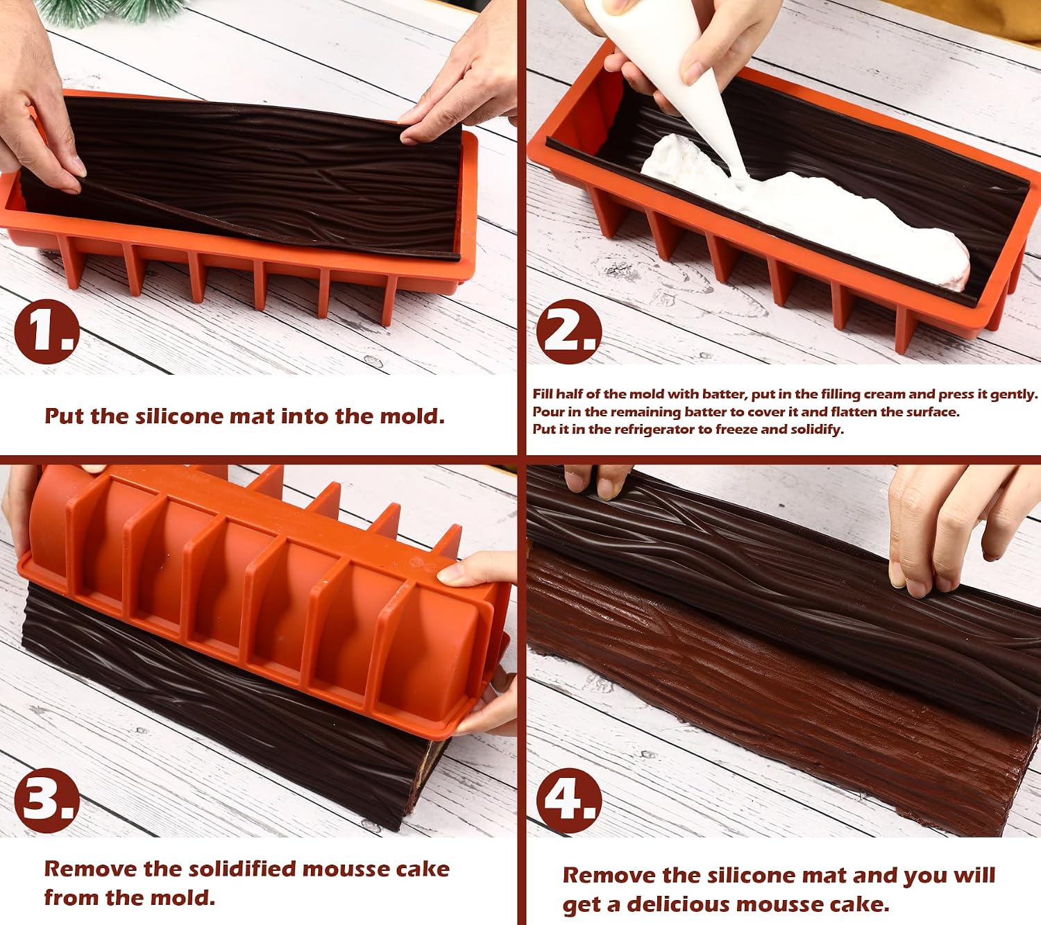 Webake Yule Log Cake Pan Silicone Yule Log Cake Mold with 2 Bark Mat, Christmas Cake Mold for Cake, Jello, Dessert, Great for Christmas