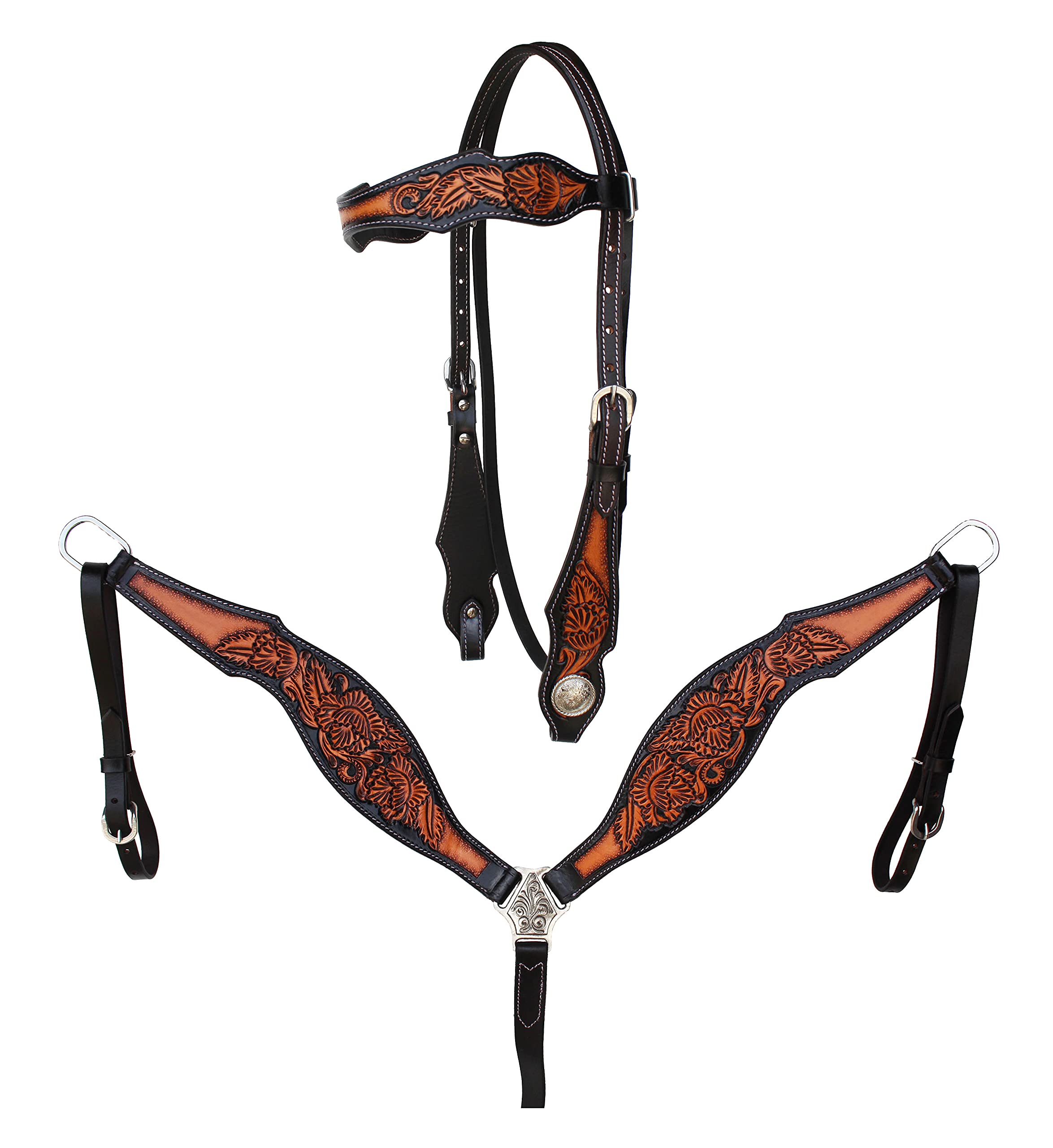 CHALLENGERHorse Floral Tooled Browband Bridle & Breast Collar Set