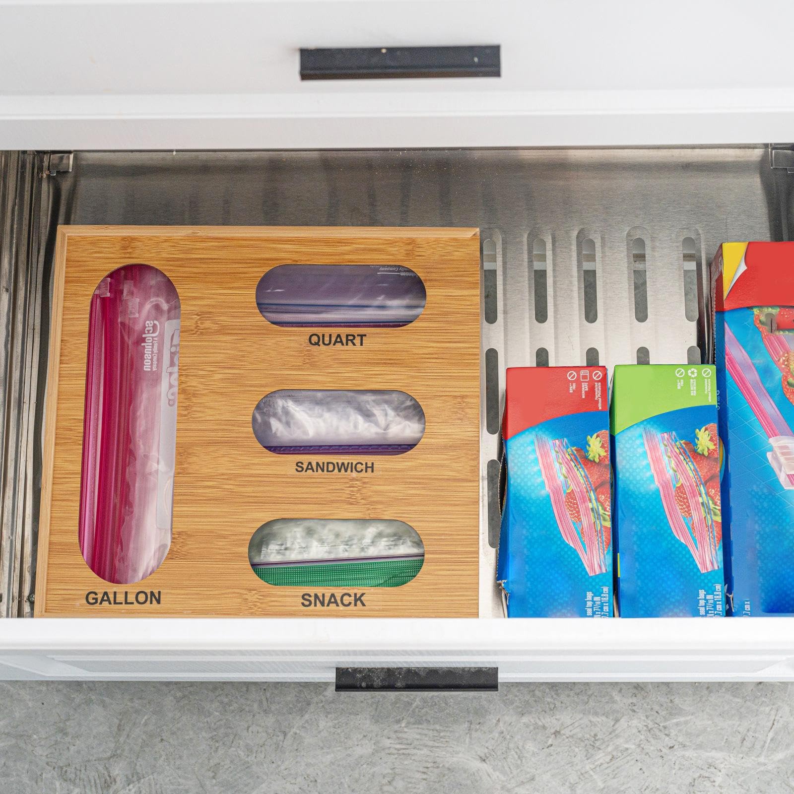 Generico Organizzatore Borse per Cassetto Supporto 4 in 1 Riutilizzabile | Porta Per Borse Da Conservazione Per Panini Snack Sacchetti da 4 Litri e da 1 Litro Cucina Armadio Bancone Scaffale