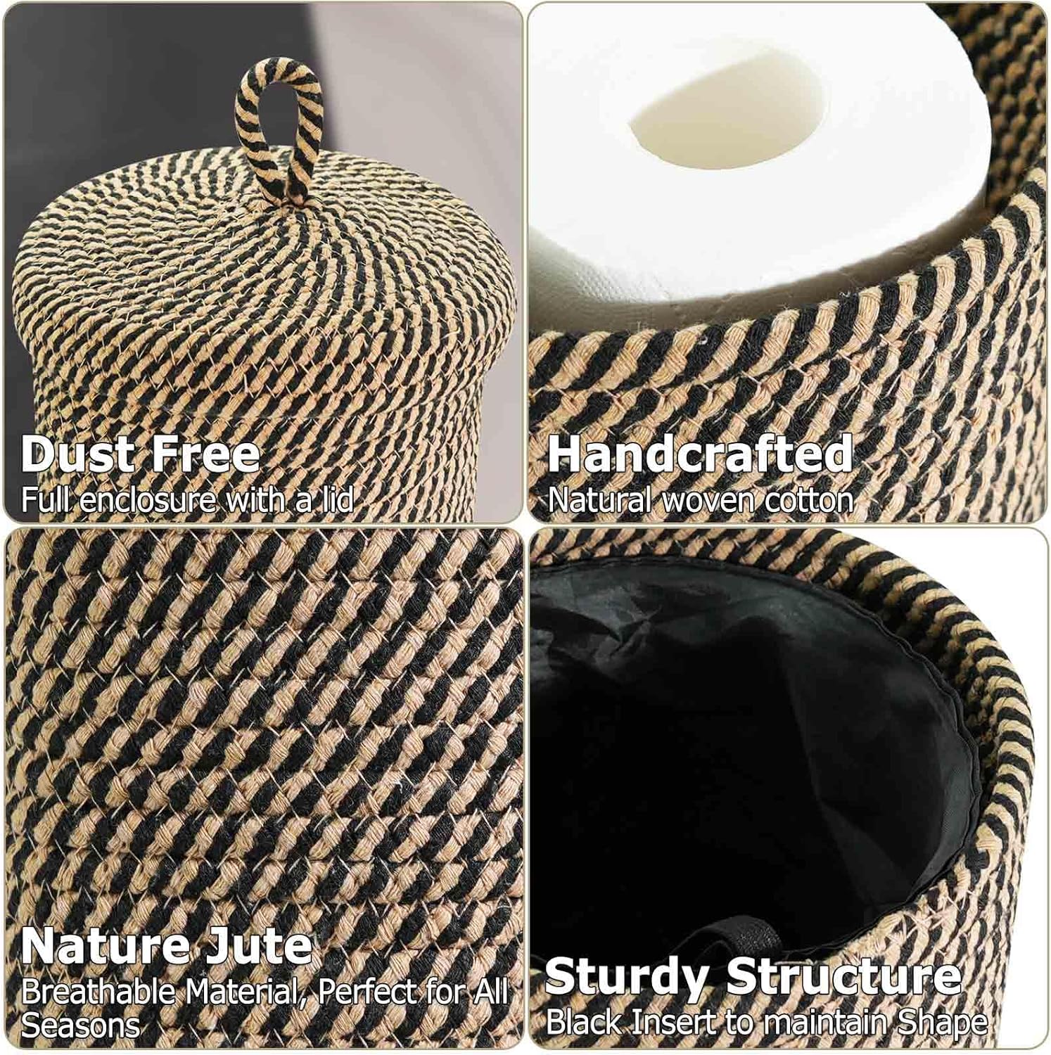 3-Roll Jute Toilet Paper Storage Basket with Lid Removable Washable Liner Bath Tissue Holder Organizer