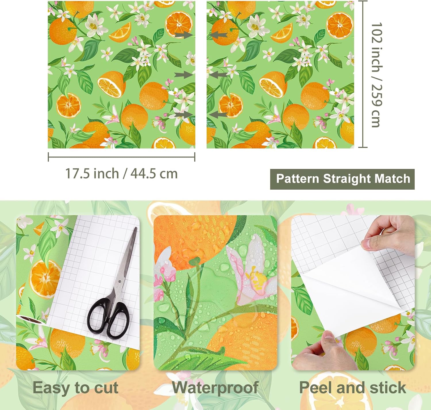 Green Orange Fruit Wallpaper Green Print Self Adhesive Fun Floral Peel and Stick Wallpaper Removable Texture Contact Paper for Cabinets Bathroom Table Kitchen Backsplash Bookshelf 17.5"x102"
