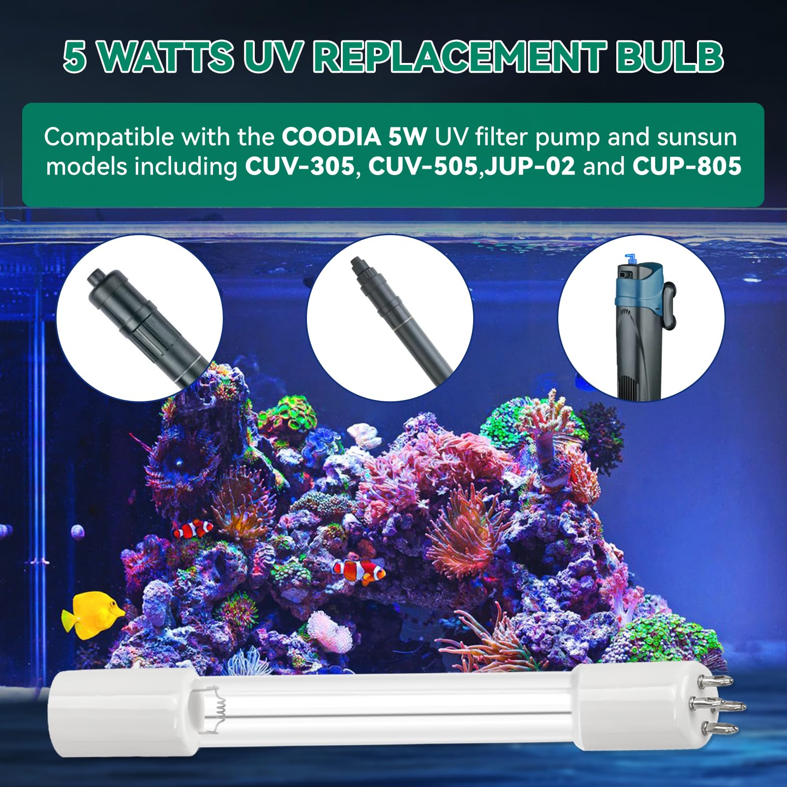 Wymienna żarówka UV 5 W, kompatybilna z pompą filtrującą UV COODIA 5W i Sunsun CUV-305, CUV-505, filtr JUP-02, zamiennik do lampy akwariowej UVC, 2 szt