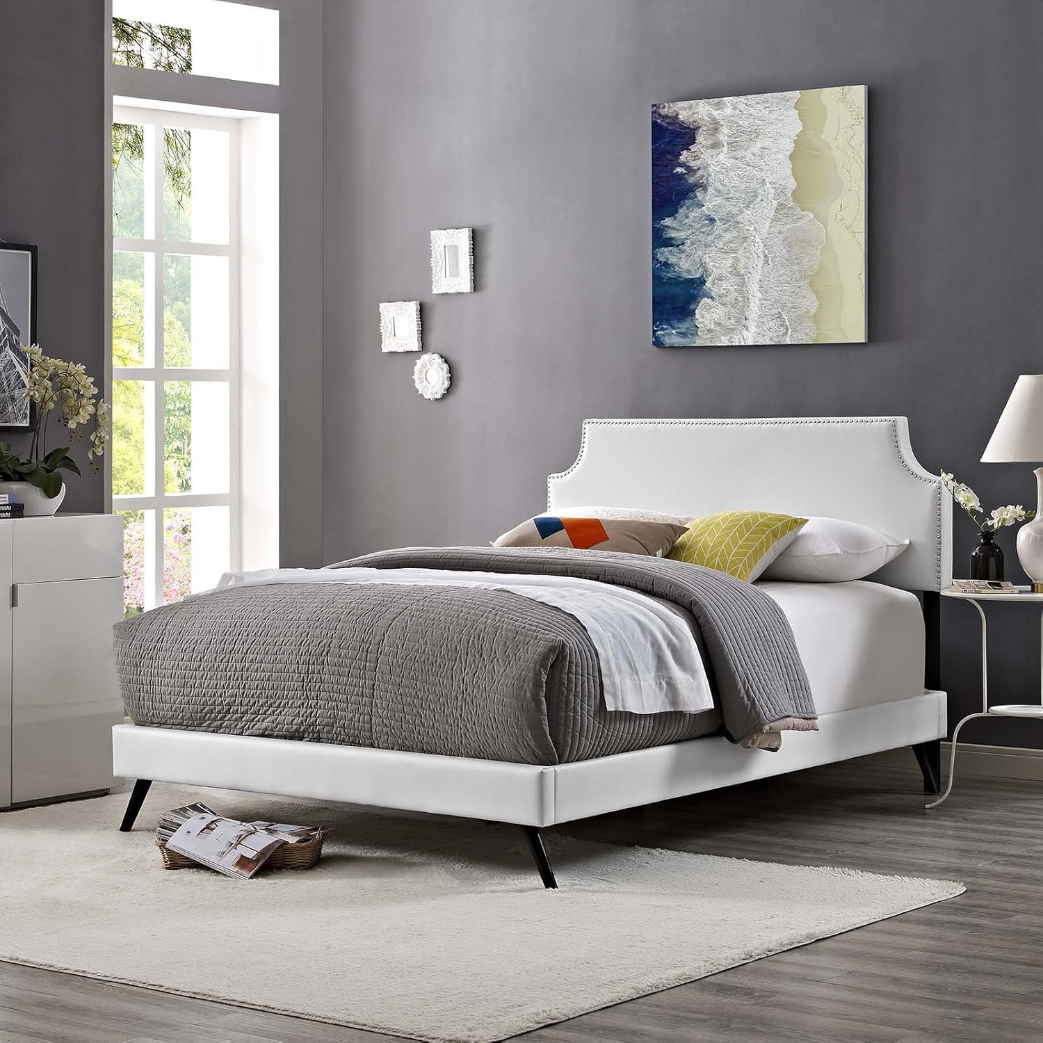 Modway Corene Faux Leather Upholstered Full Platform Bed Frame With Round Splayed Legs in White